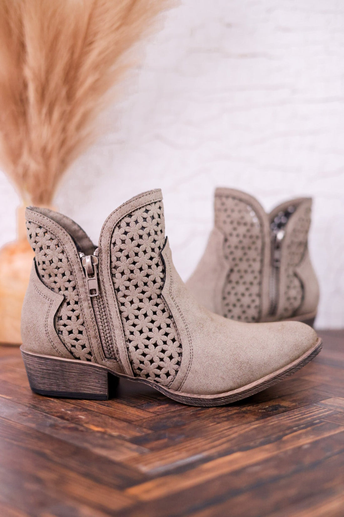 Leah 2 Grey Ankle Booties with Laser Cut Detailing - Whiskey Skies - VERY G