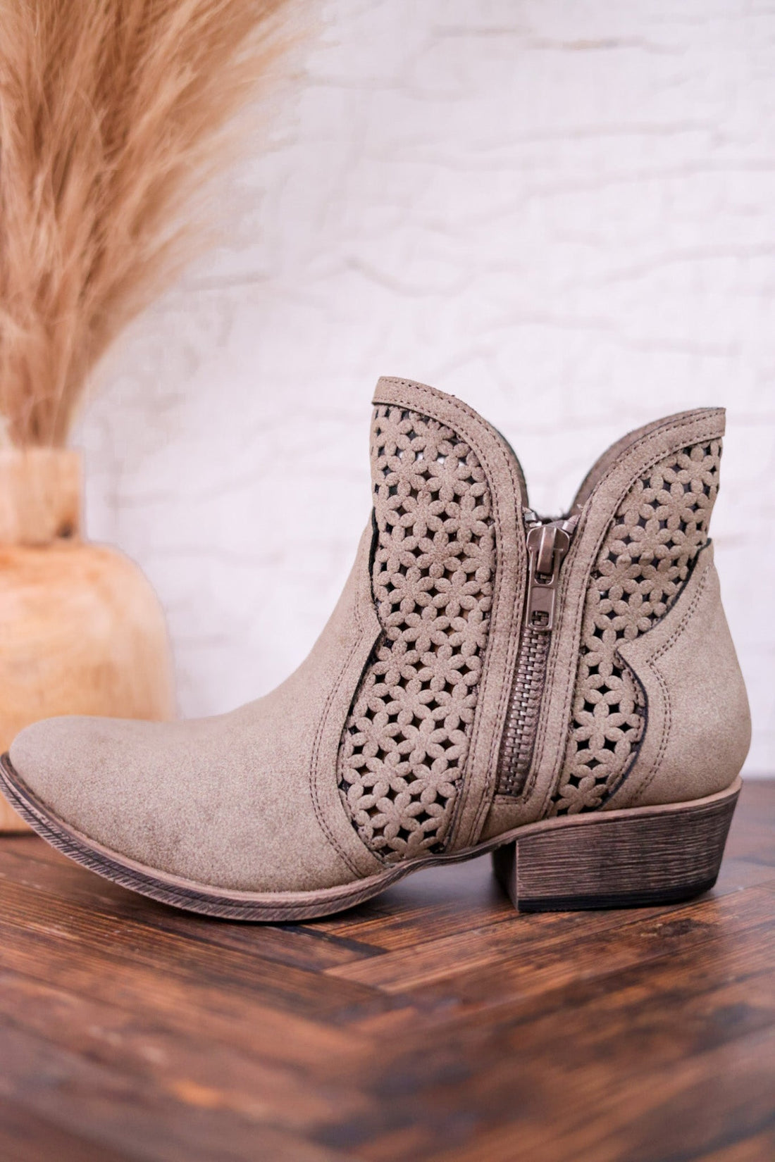 Leah 2 Grey Ankle Booties with Laser Cut Detailing - Whiskey Skies - VERY G