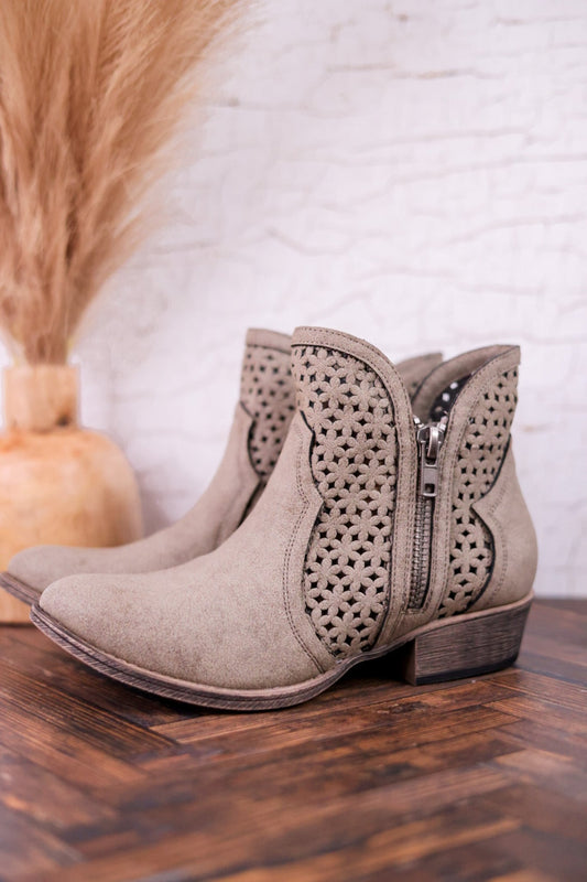 Leah 2 Grey Ankle Booties with Laser Cut Detailing - Whiskey Skies - VERY G
