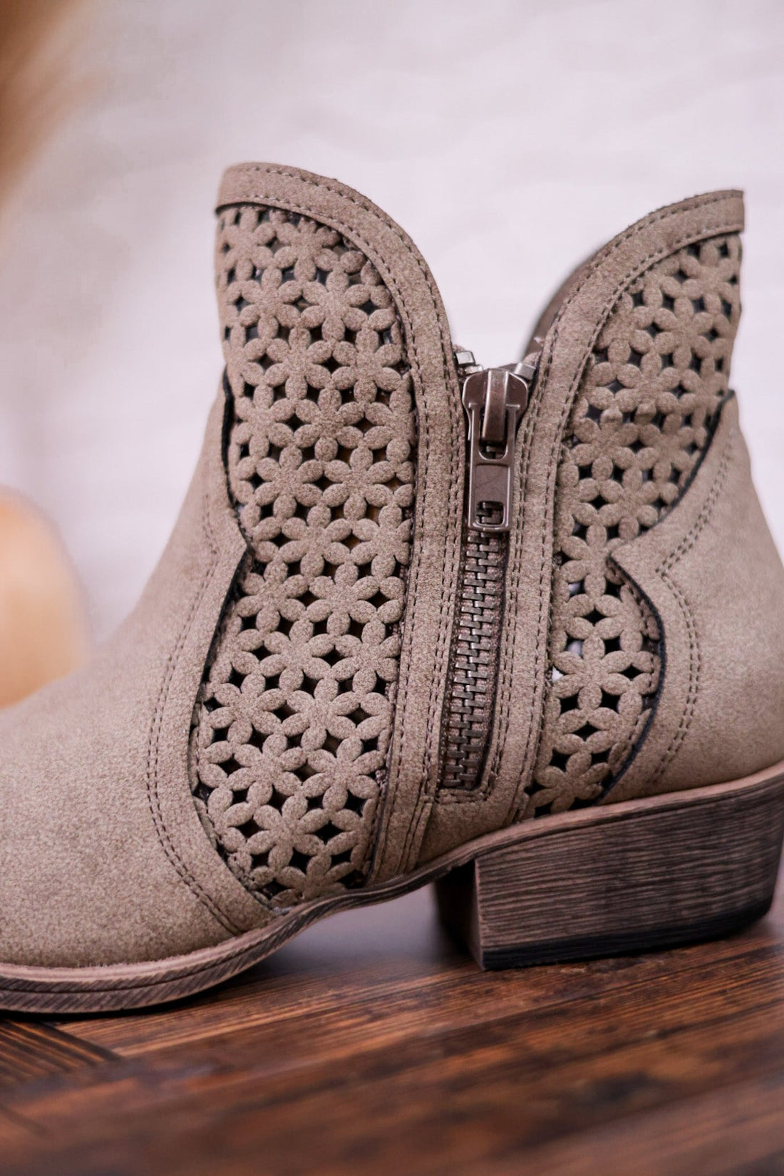 Leah 2 Grey Ankle Booties with Laser Cut Detailing - Whiskey Skies - VERY G