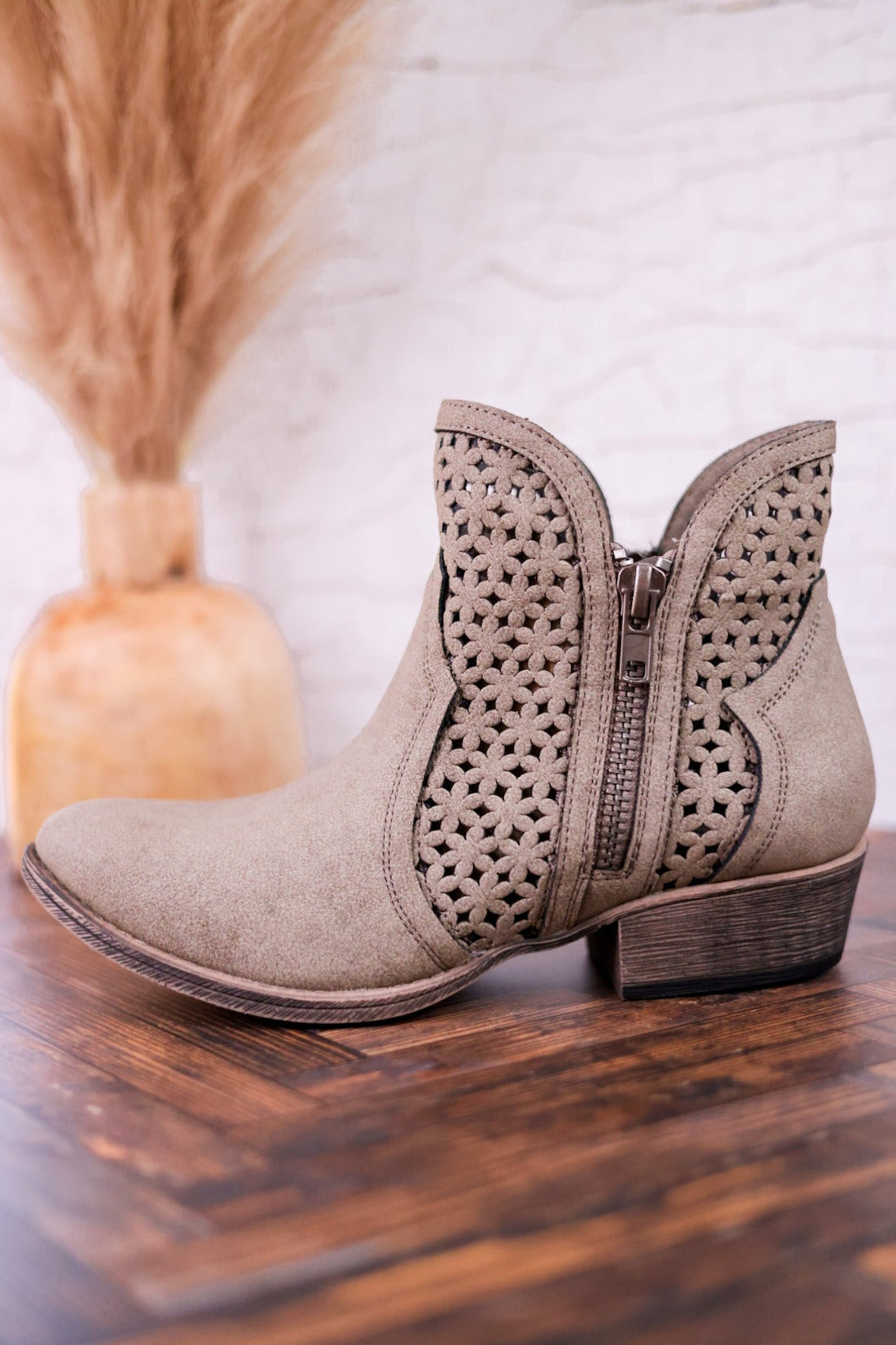 Leah 2 Grey Ankle Booties with Laser Cut Detailing - Whiskey Skies - VERY G