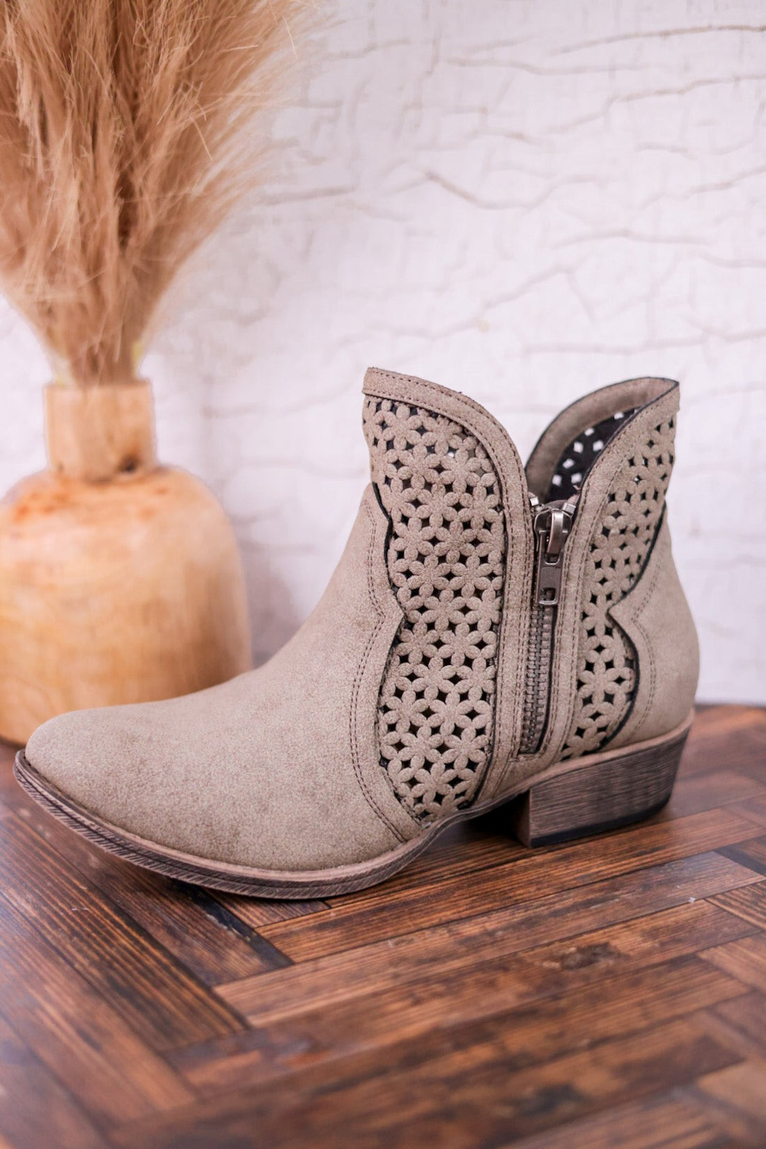 Leah 2 Grey Ankle Booties with Laser Cut Detailing - Whiskey Skies - VERY G