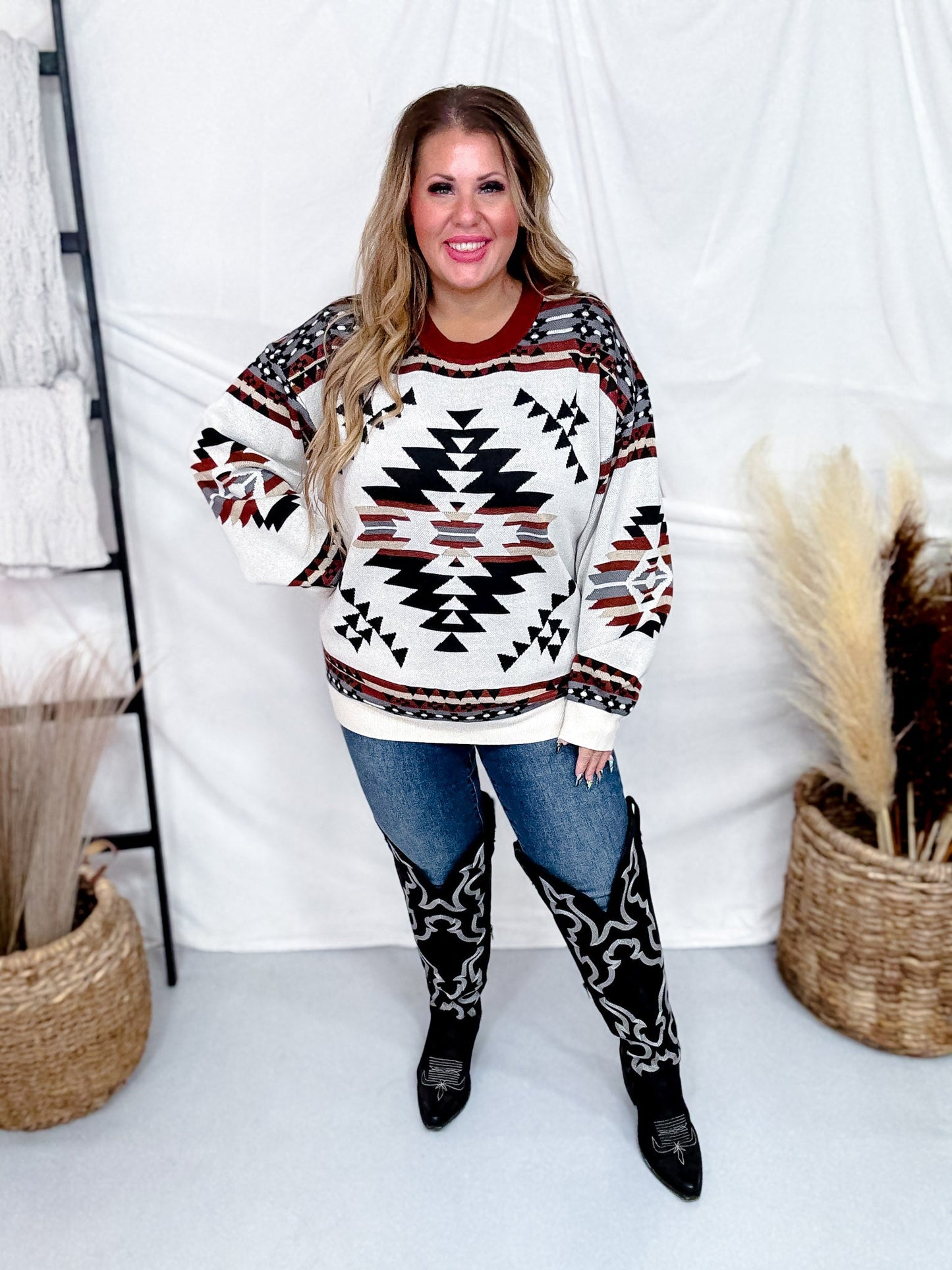 Lean On Me Aztec Long Sleeve Knit Sweater - Whiskey Skies - STERLING KREEK