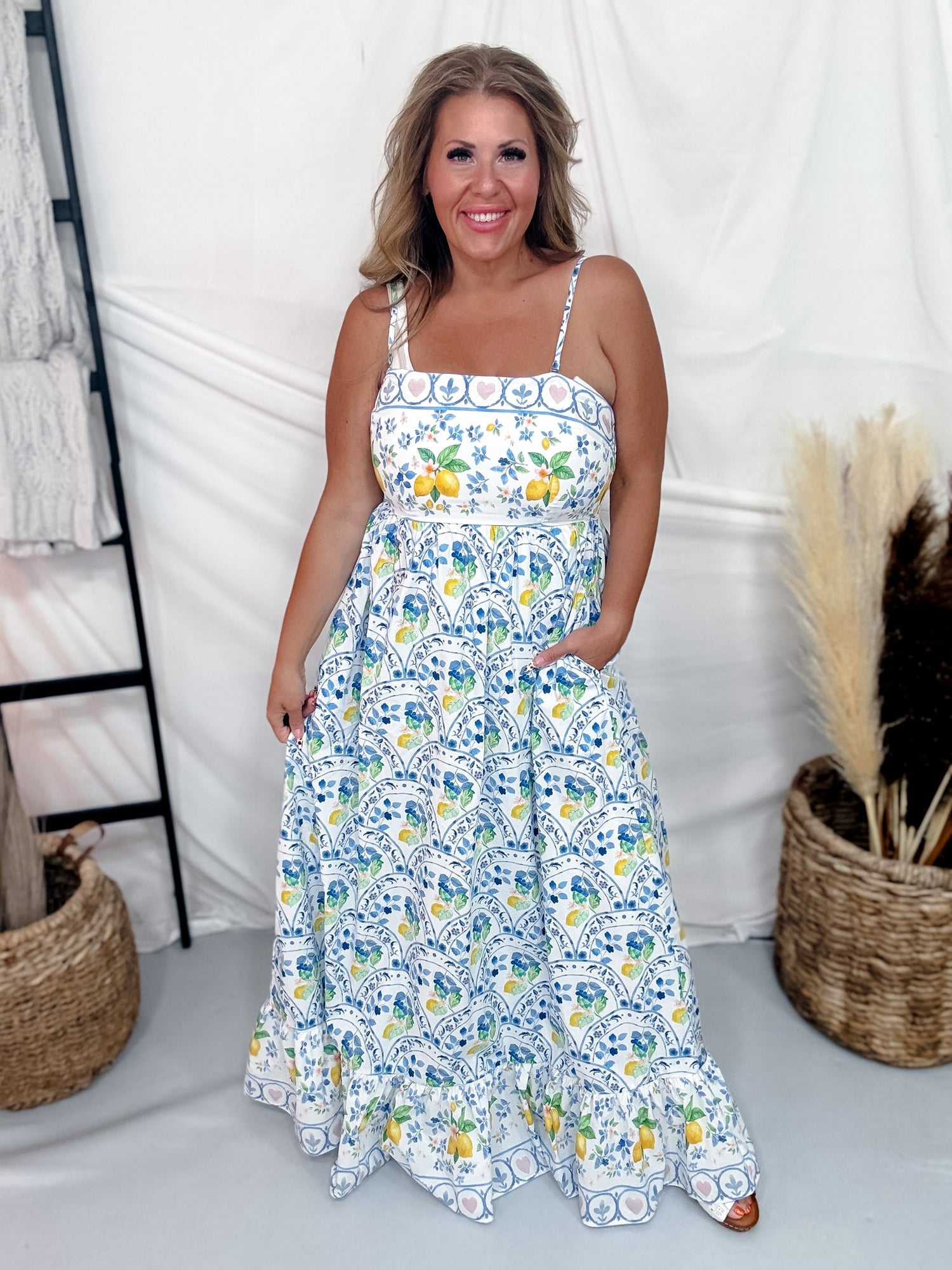 Lemon & Floral Print Maxi Dress With Tiered Hem FINAL SALE 1XL
