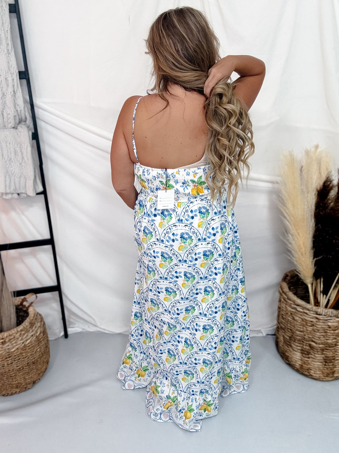Lemon & Floral Print Maxi Dress With Tiered Hem - Whiskey Skies - DAVI & DANI