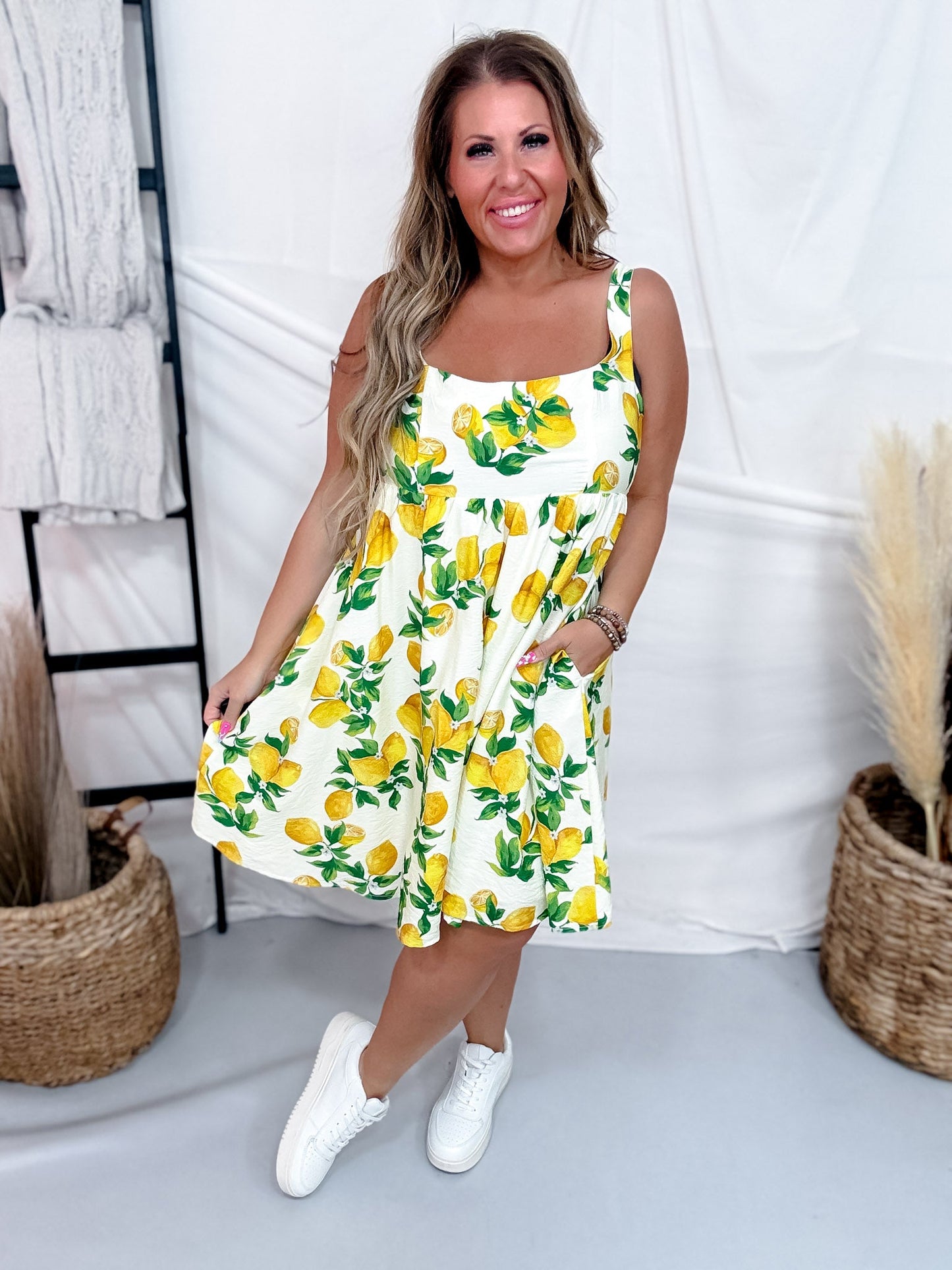 Lemon Print Dress With Empire Waist - Whiskey Skies - WHITE BIRCH