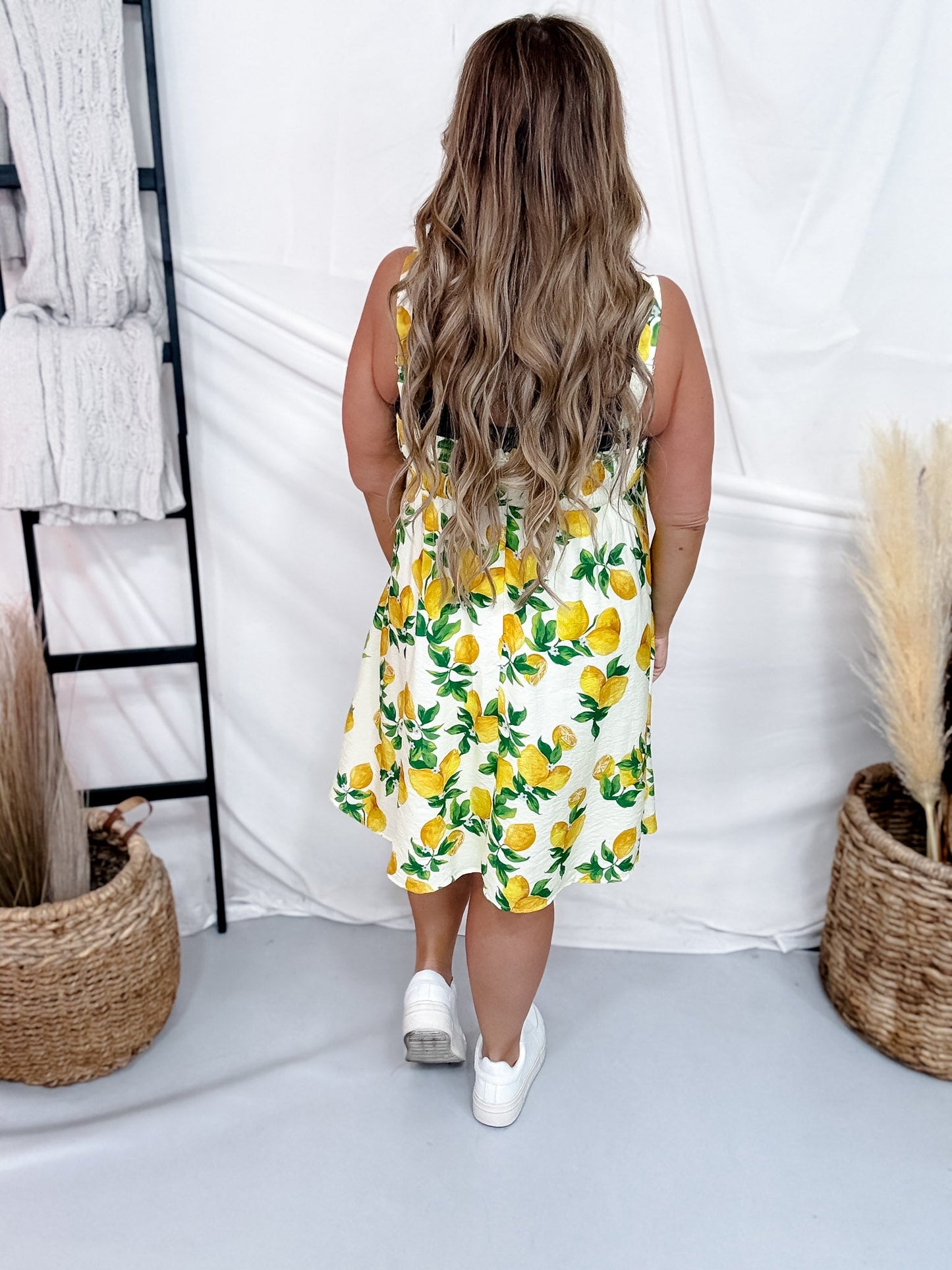 Lemon Print Dress With Empire Waist - Whiskey Skies - WHITE BIRCH