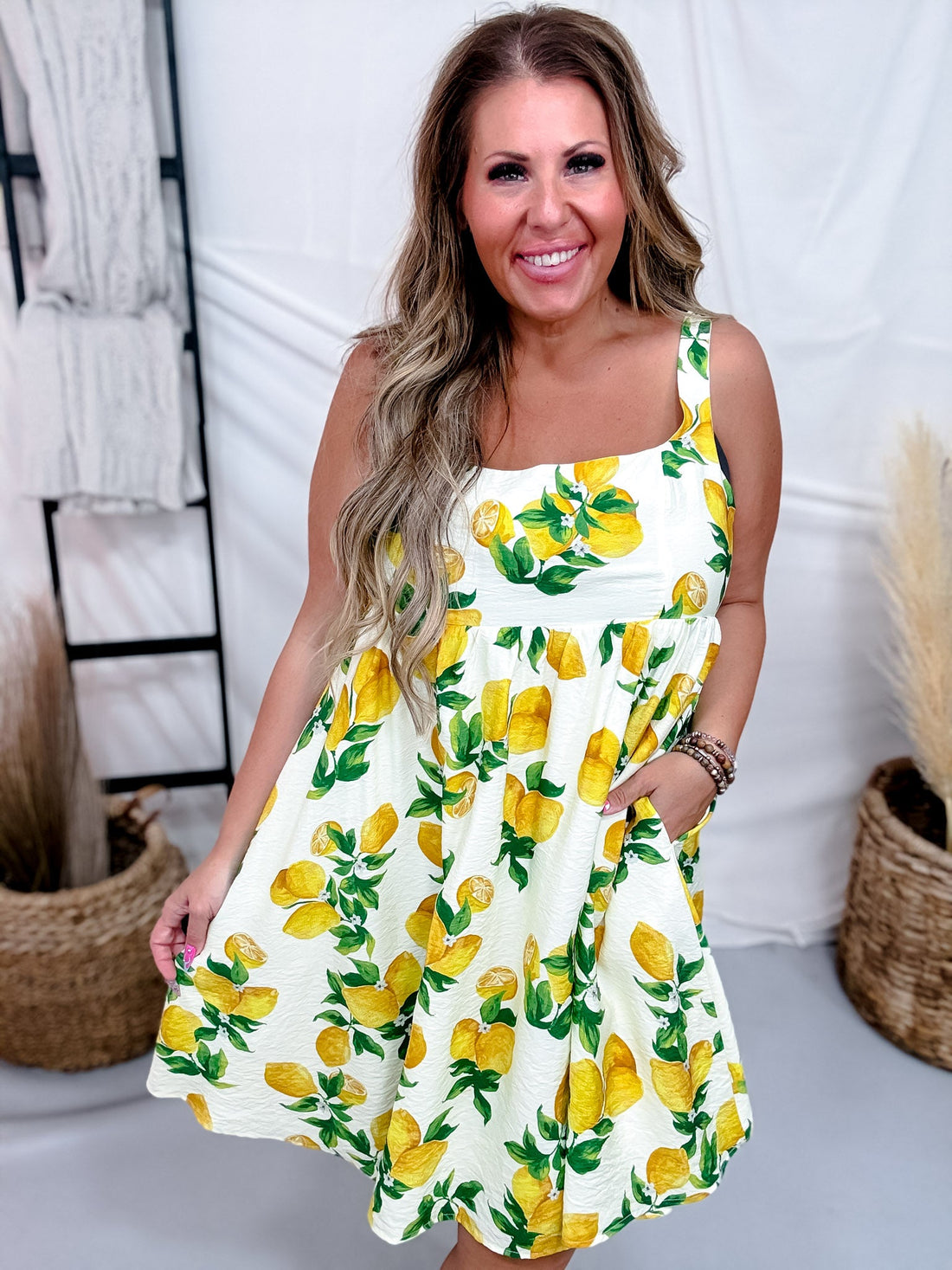 Lemon Print Dress With Empire Waist - Whiskey Skies - WHITE BIRCH