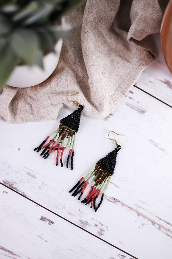 Lennon Multi Color Triangles Beaded Fringe Earrings Black - Whiskey Skies - INK+ALLOY