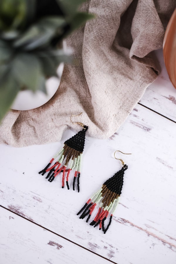 Lennon Multi Color Triangles Beaded Fringe Earrings Black - Whiskey Skies - INK+ALLOY