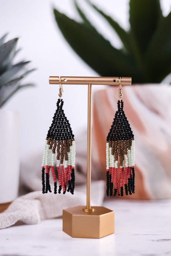 Lennon Multi Color Triangles Beaded Fringe Earrings Black - Whiskey Skies - INK+ALLOY