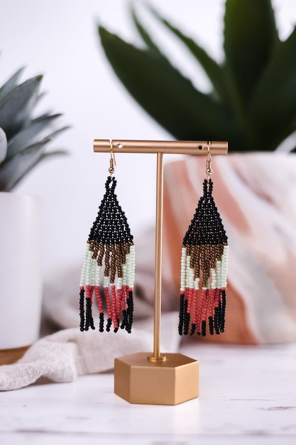 Lennon Multi Color Triangles Beaded Fringe Earrings Black - Whiskey Skies - INK+ALLOY