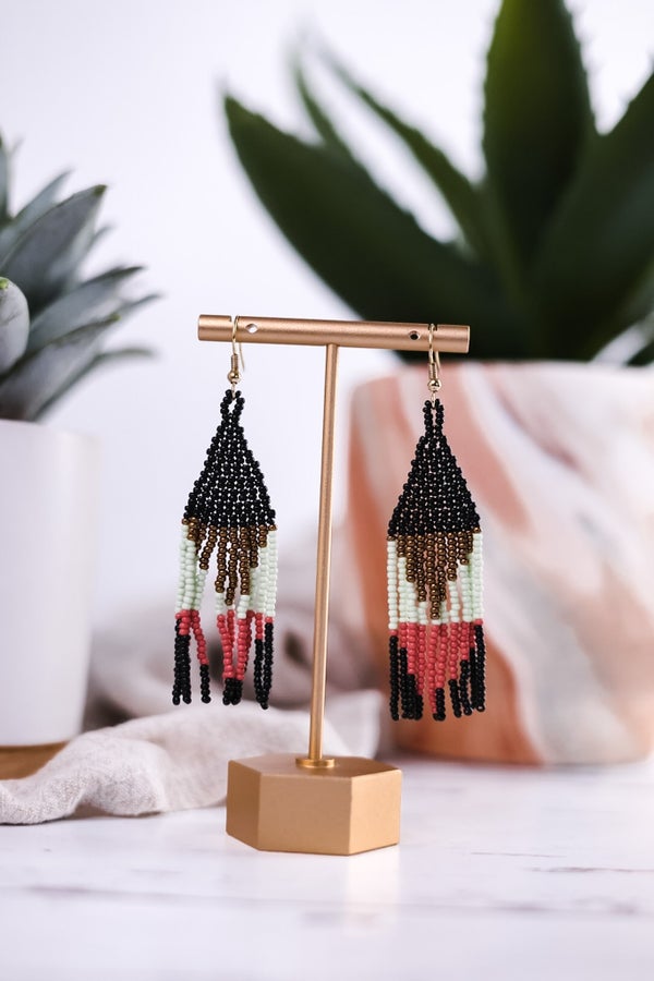 Lennon Multi Color Triangles Beaded Fringe Earrings Black - Whiskey Skies - INK+ALLOY