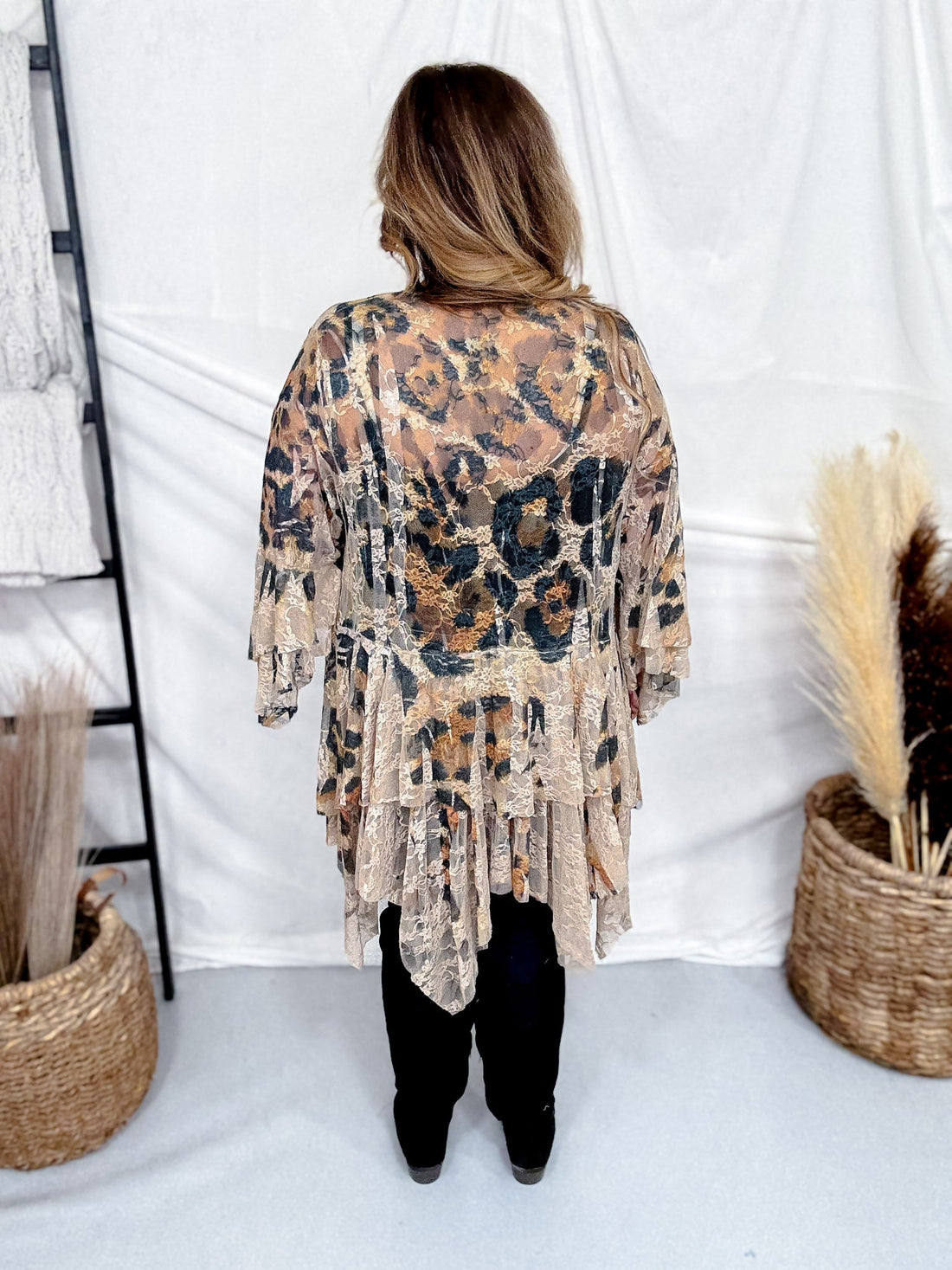 Leopard All Lace Cardigan W/ Tiered Ruffles - Whiskey Skies - ORIGAMI APPAREL