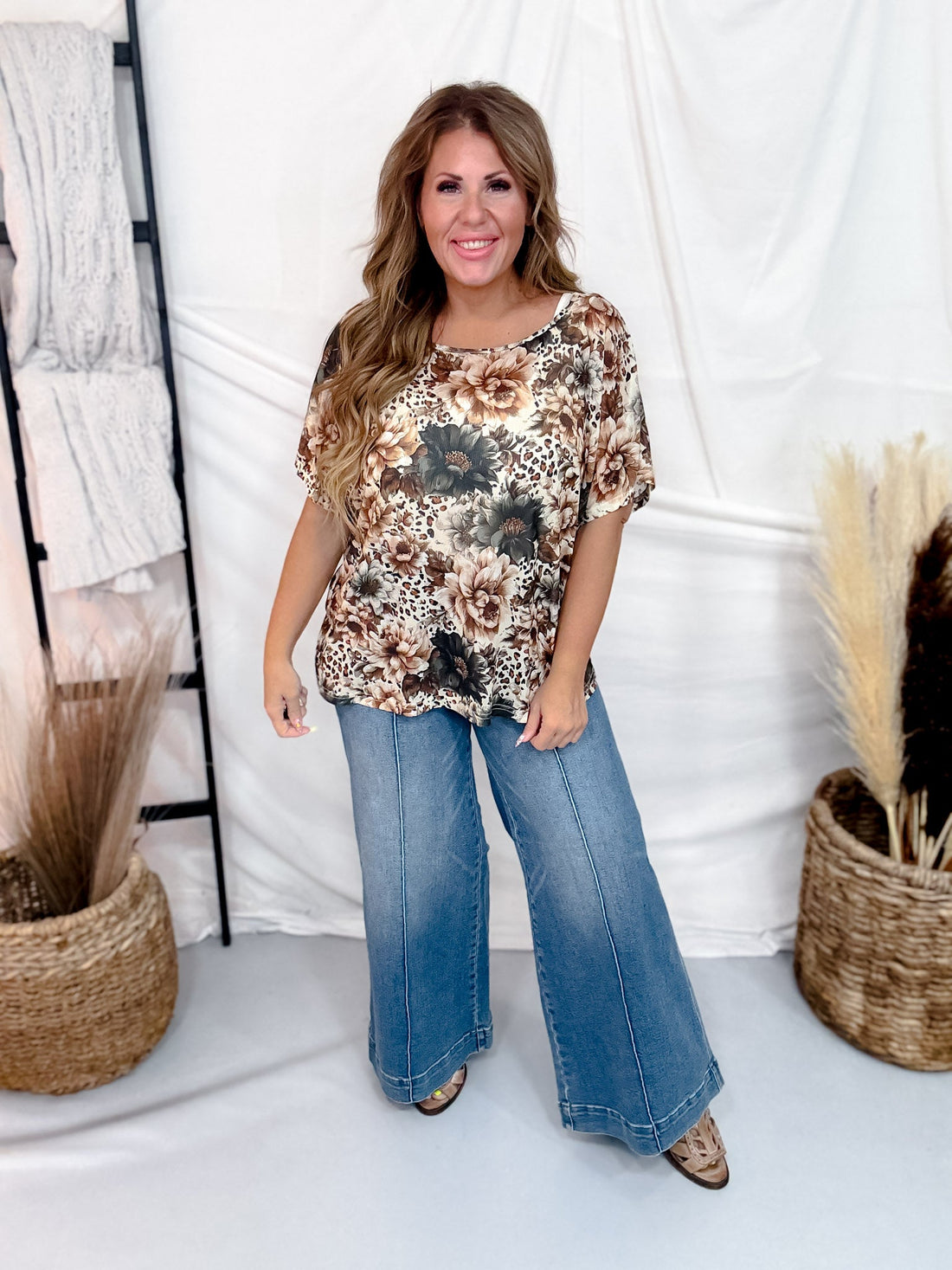 Leopard & Floral Print Short Sleeve Mesh Top - Whiskey Skies - STERLING KREEK