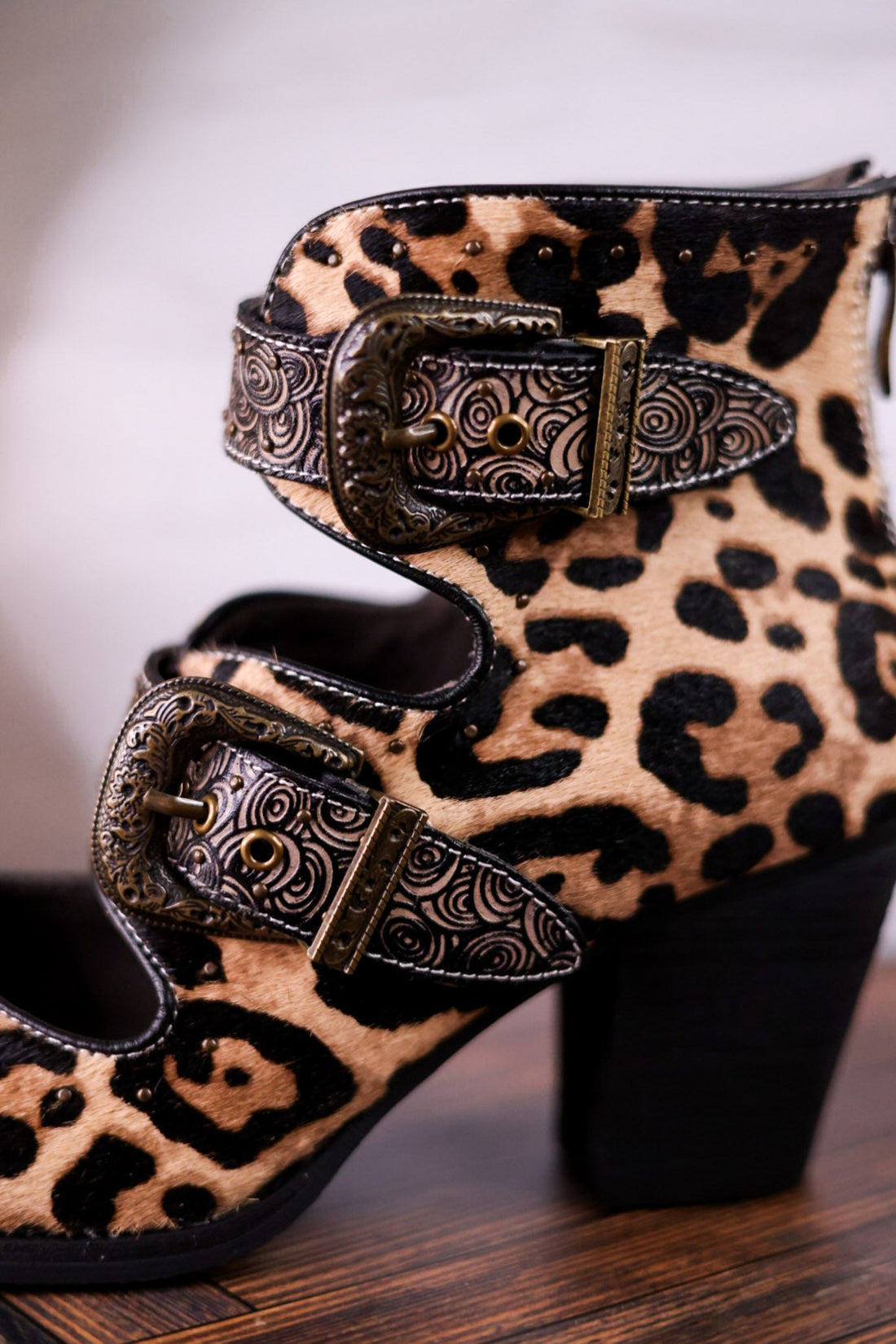 Leopard Print Ankle Boots With Vintage Buckles - Whiskey Skies - SPRING FOOTWEAR