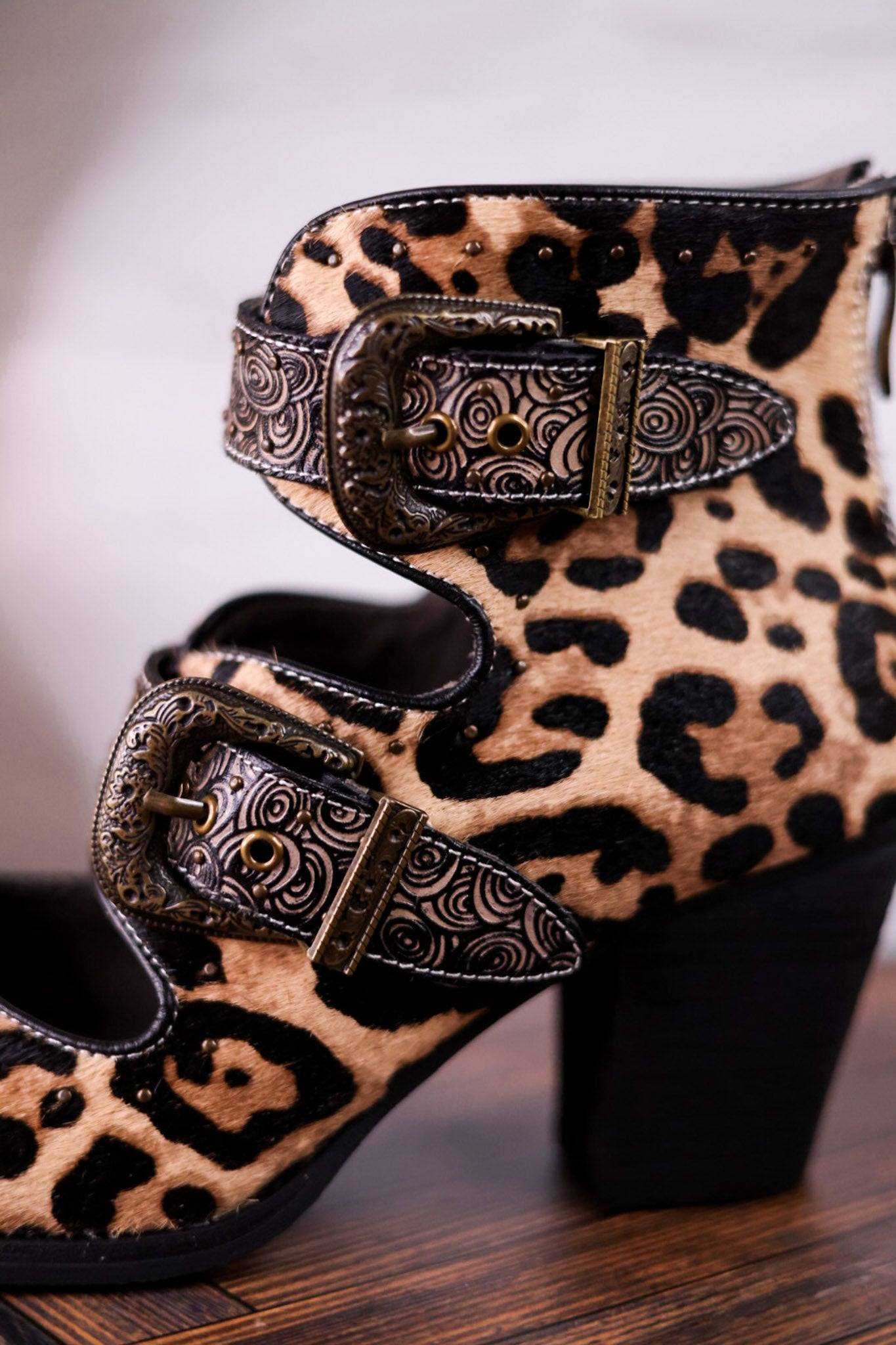 Leopard Print Ankle Boots With Vintage Buckles - Whiskey Skies - SPRING FOOTWEAR