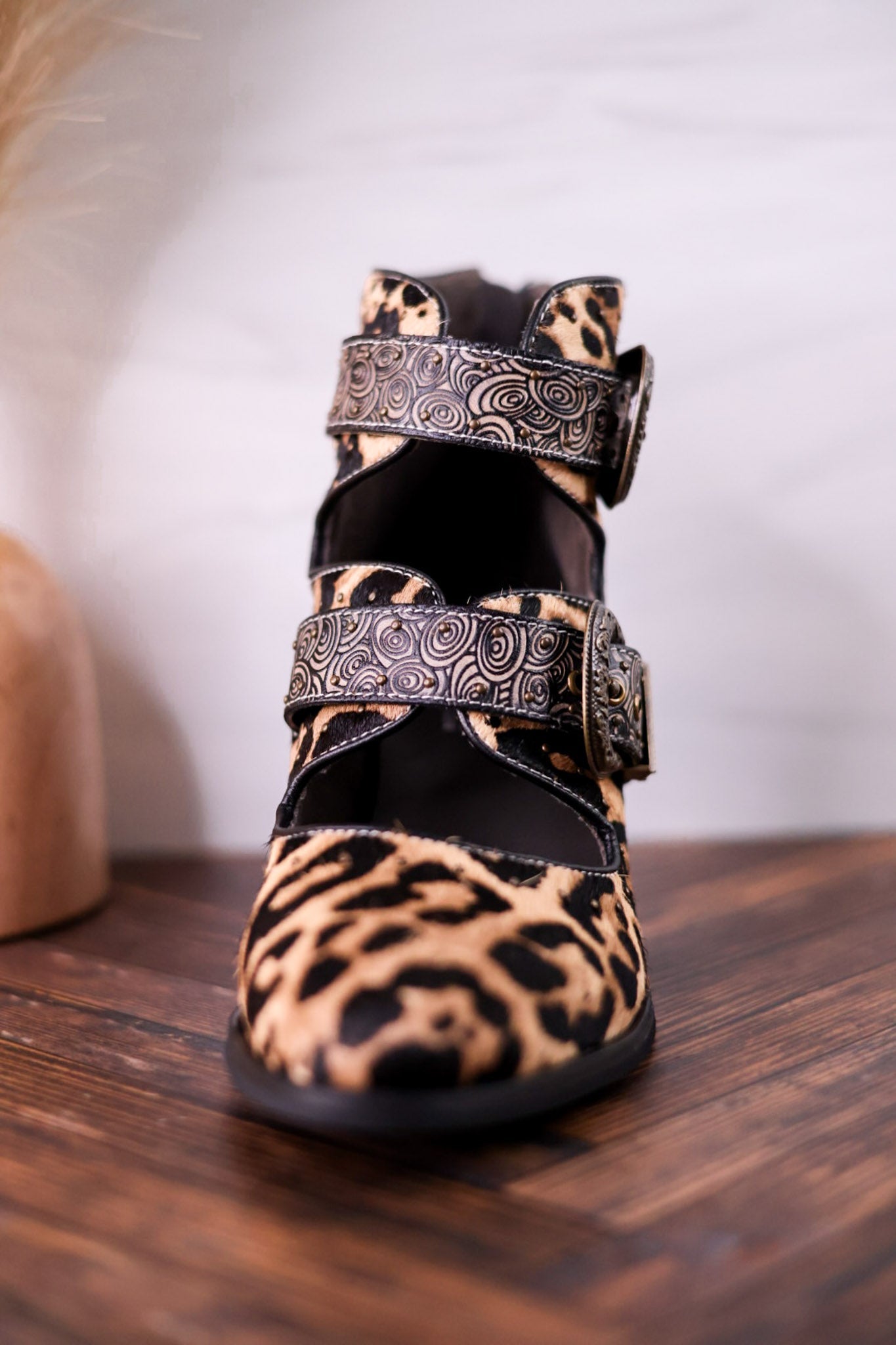 Leopard Print Ankle Boots With Vintage Buckles - Whiskey Skies - SPRING FOOTWEAR