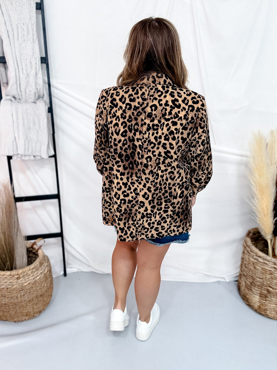 Leopard Print Blazer With Pleated Sleeves - Whiskey Skies - ODDI