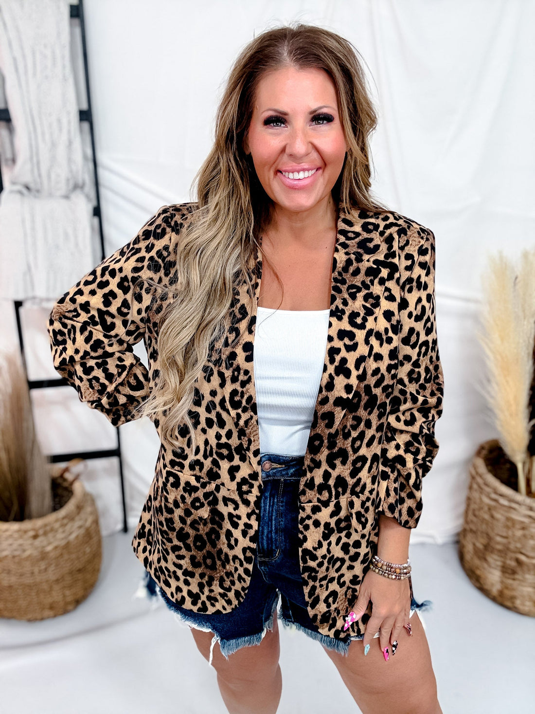 Leopard Print Blazer With Pleated Sleeves - Whiskey Skies - ODDI