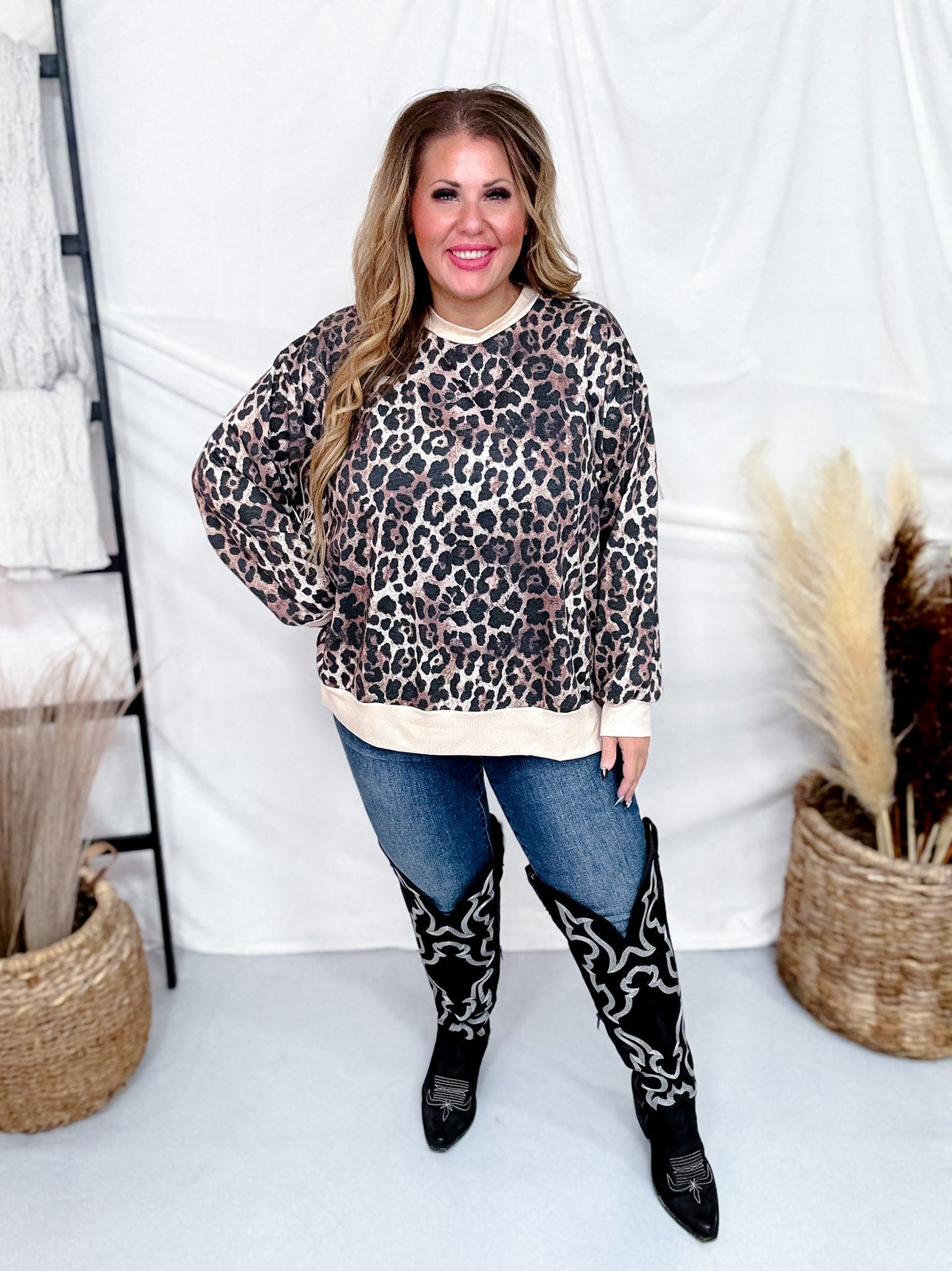 Leopard Print Crew Neck Top With Long Sleeves - Whiskey Skies - SEW IN LOVE