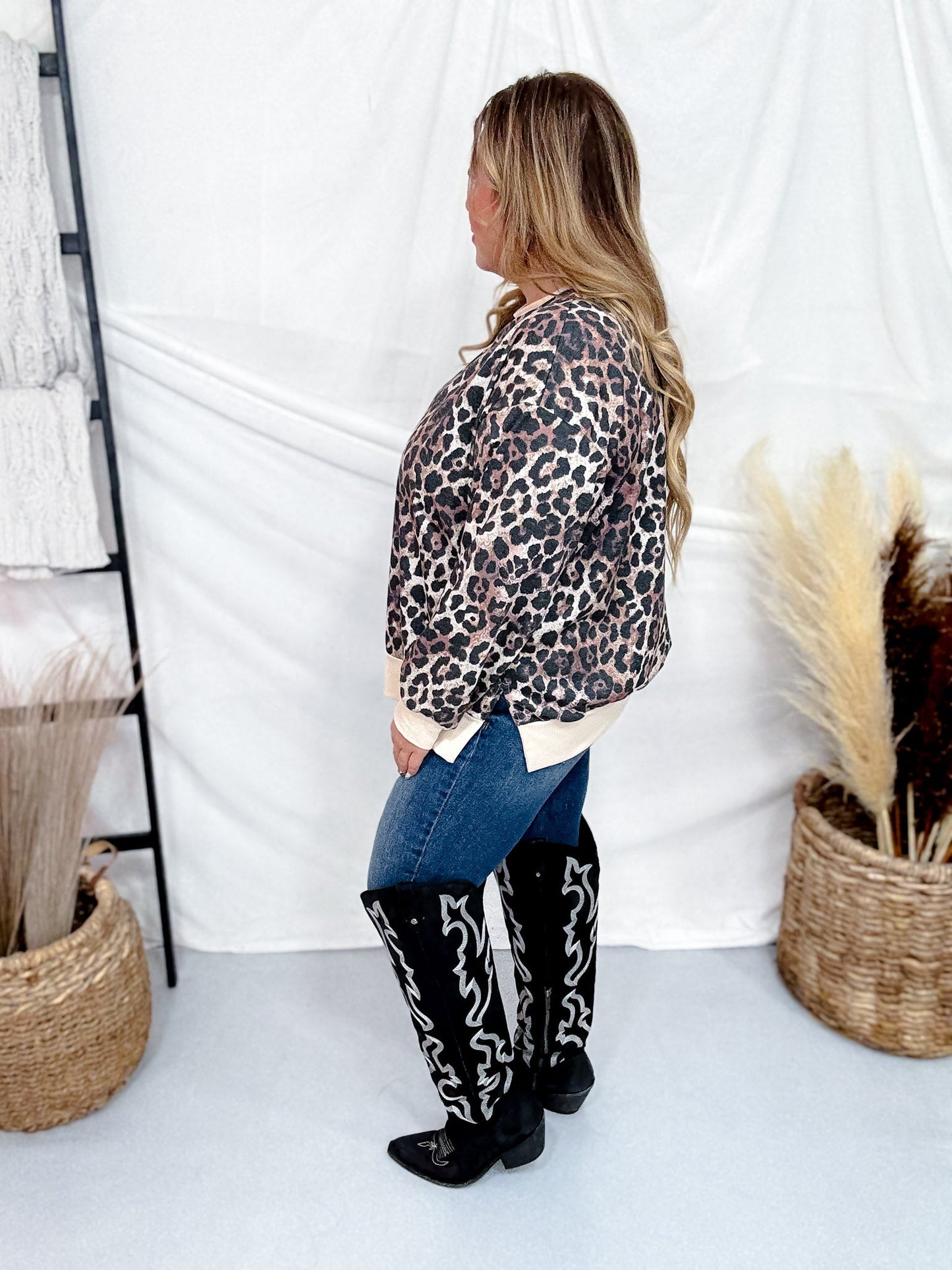 Leopard Print Crew Neck Top With Long Sleeves - Whiskey Skies - SEW IN LOVE