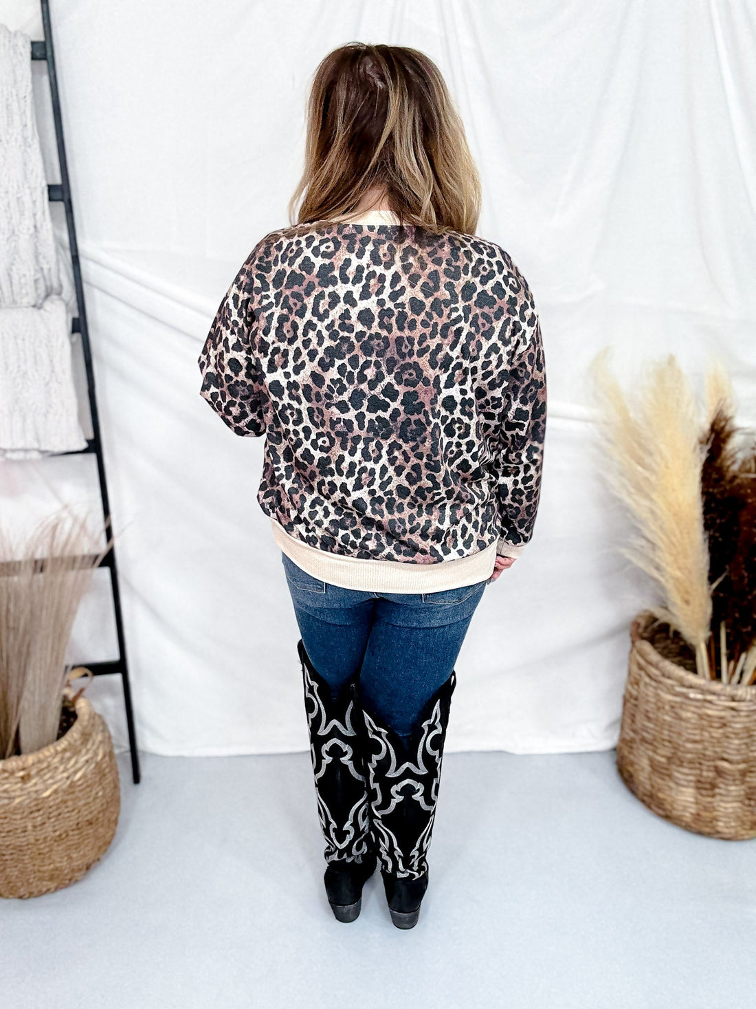 Leopard Print Crew Neck Top With Long Sleeves - Whiskey Skies - SEW IN LOVE