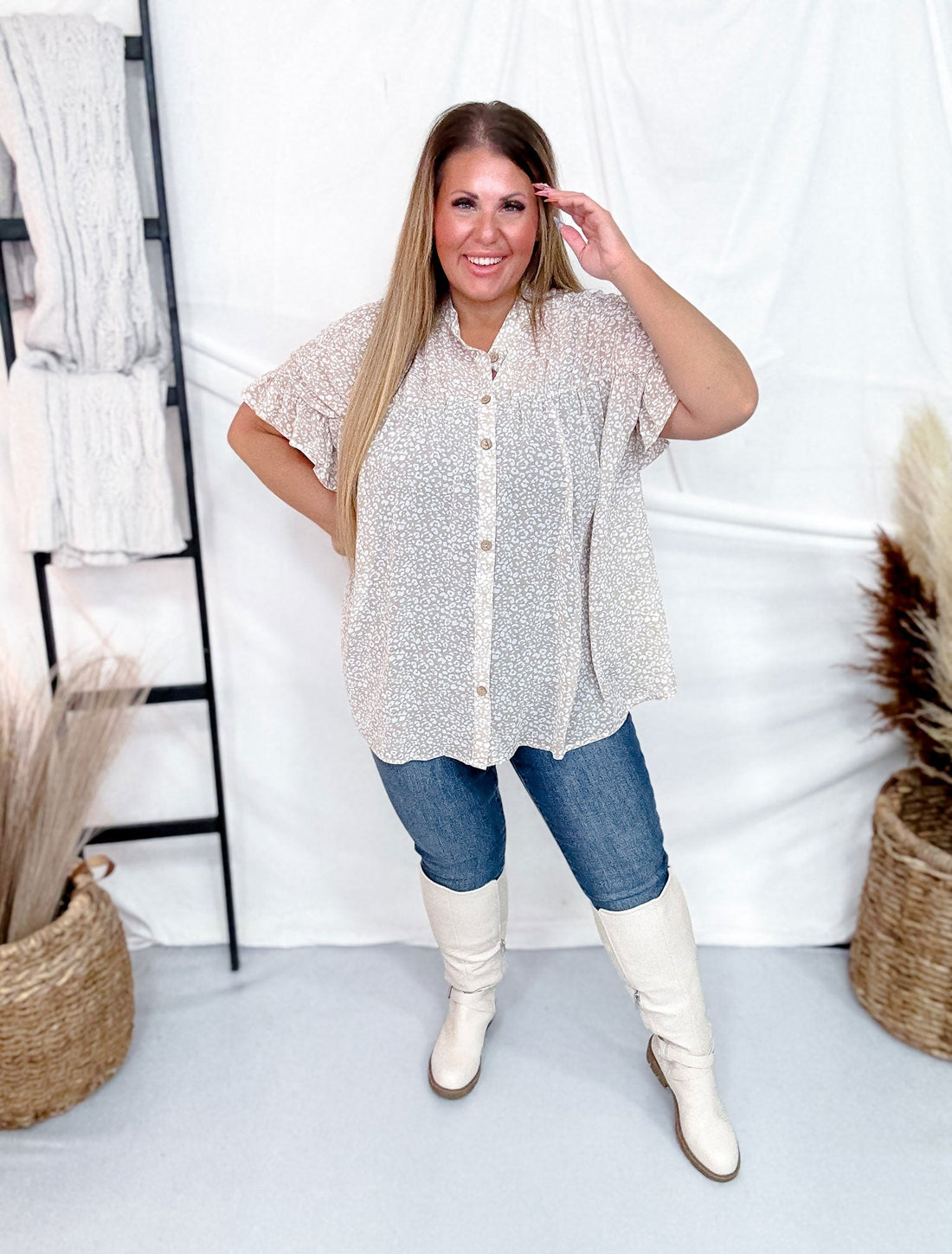 Leopard Print Flutter Sleeve Button Front Blouse - Whiskey Skies - BIBI