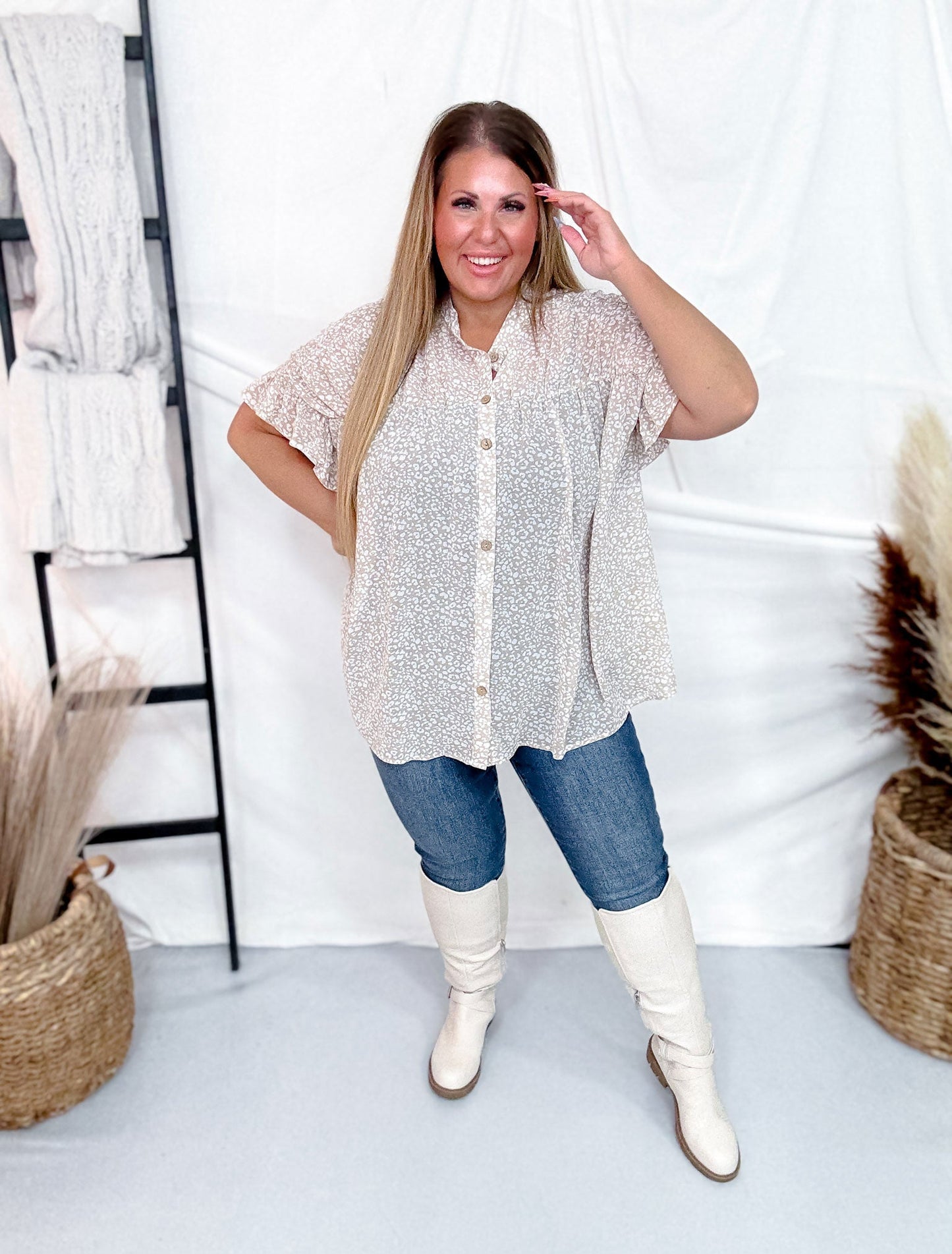 Leopard Print Flutter Sleeve Button Front Blouse - Whiskey Skies - BIBI
