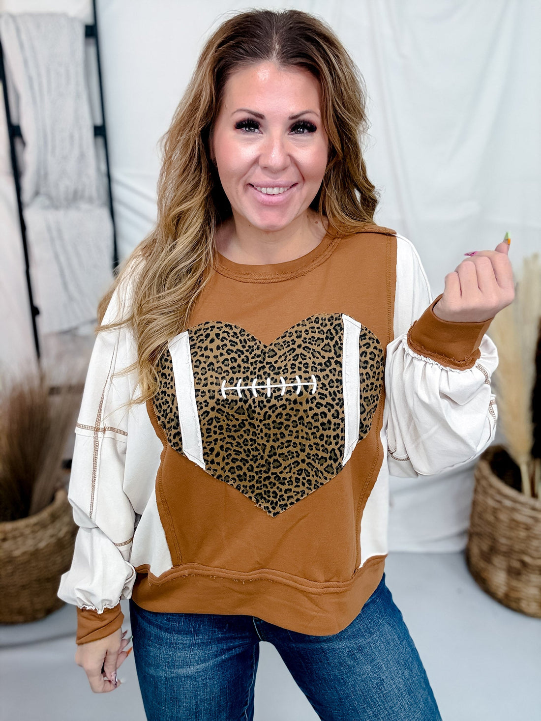Leopard Print Football Sweatshirt With Puff Sleeves - Whiskey Skies - ODDI