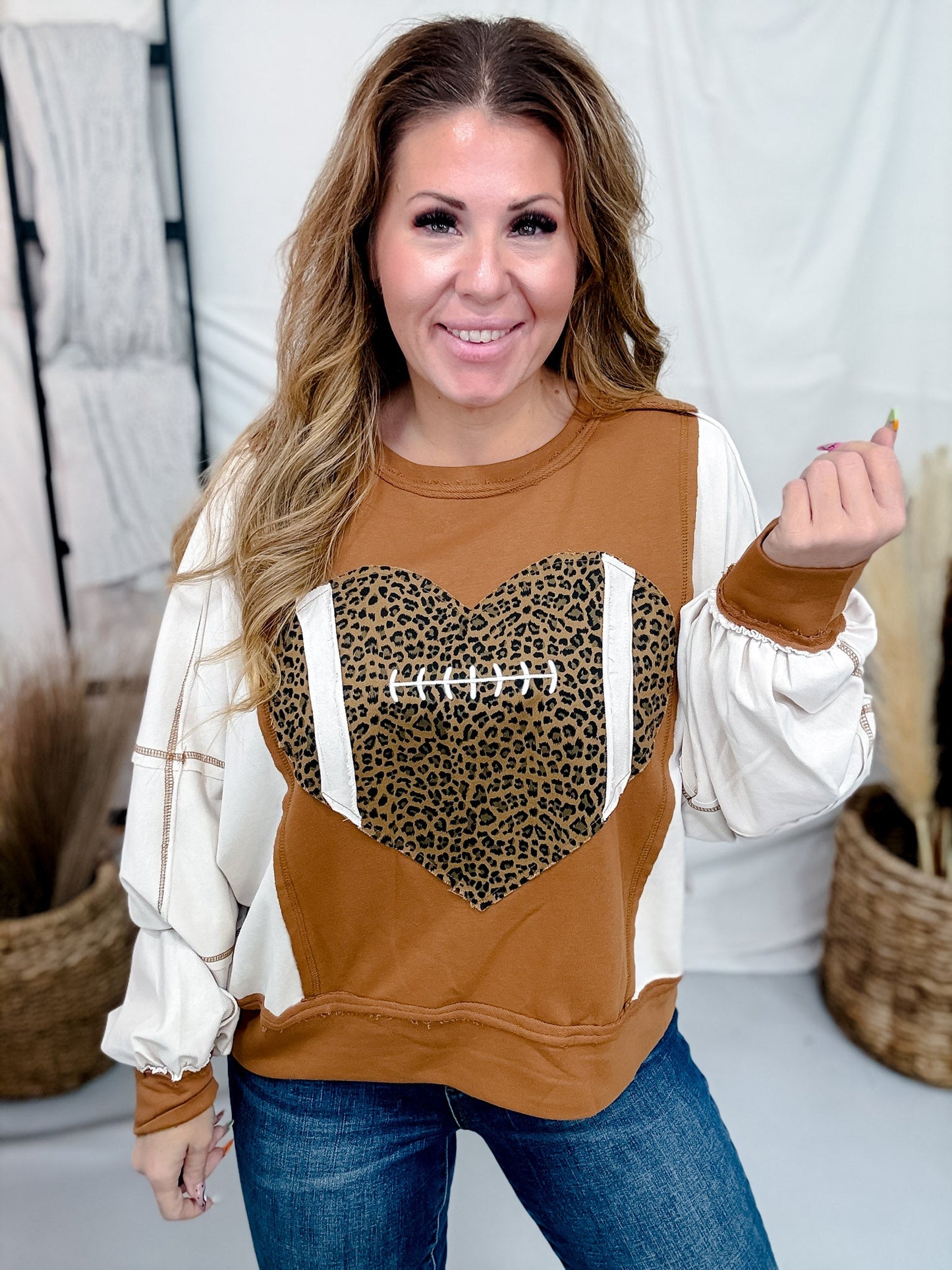 Leopard Print Football Sweatshirt With Puff Sleeves - Whiskey Skies - ODDI