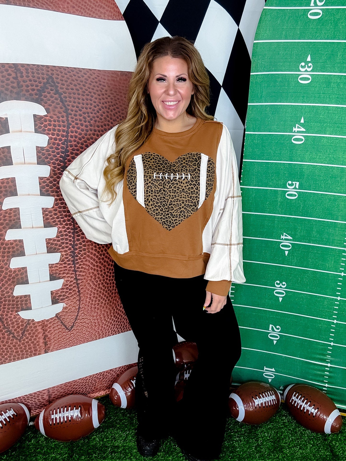 Leopard Print Football Sweatshirt With Puff Sleeves - Whiskey Skies - ODDI