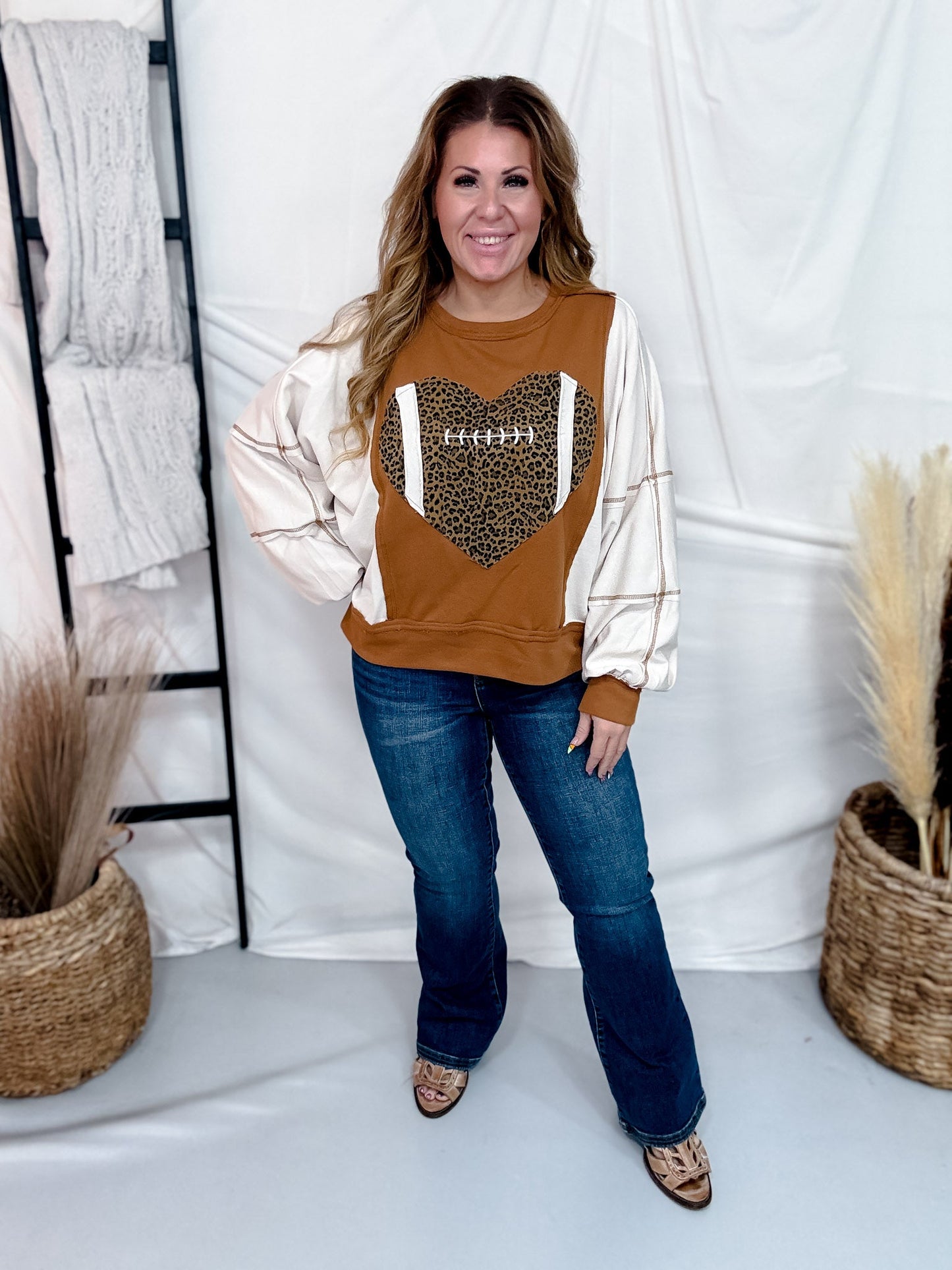 Leopard Print Football Sweatshirt With Puff Sleeves - Whiskey Skies - ODDI