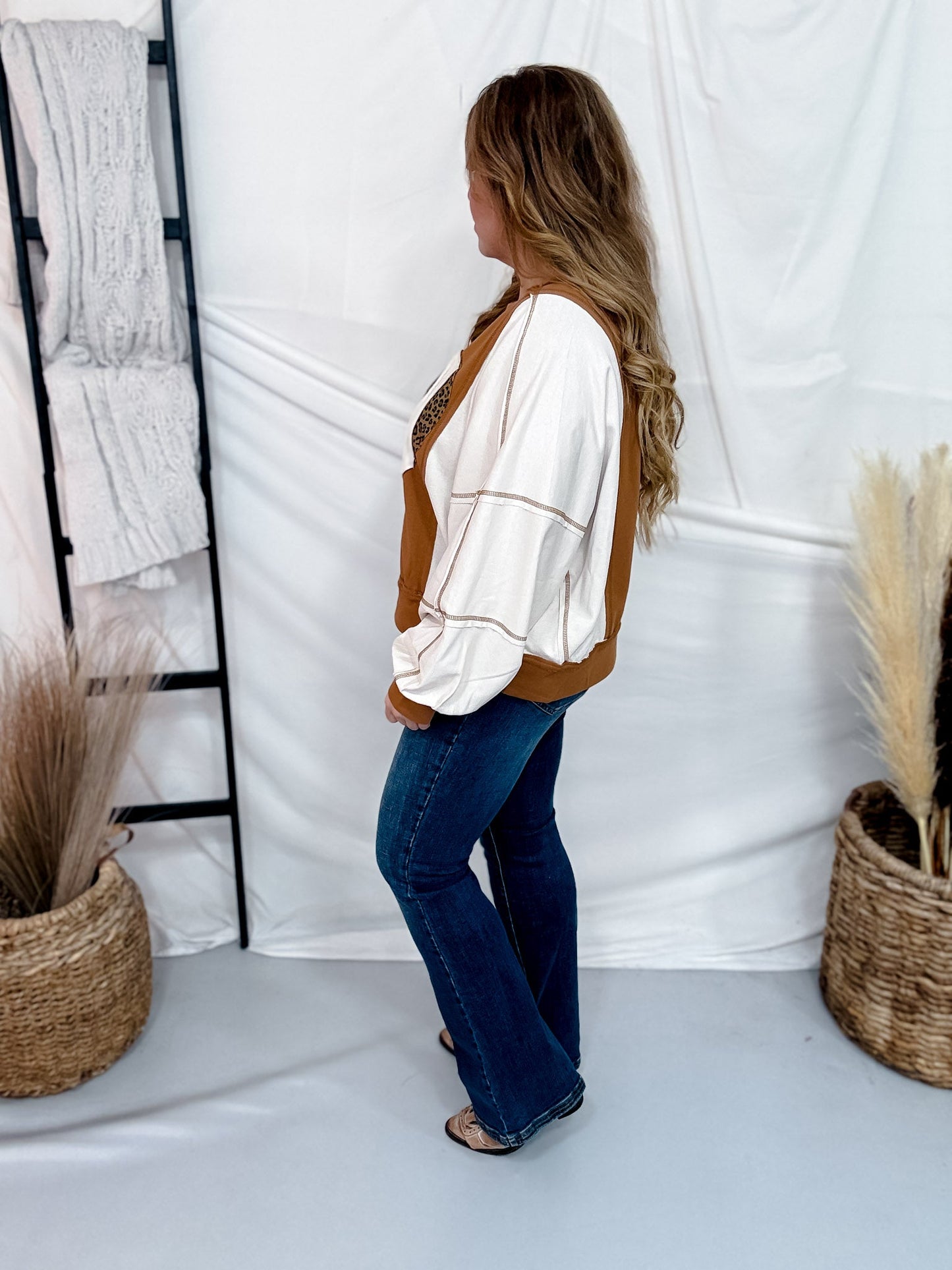 Leopard Print Football Sweatshirt With Puff Sleeves - Whiskey Skies - ODDI