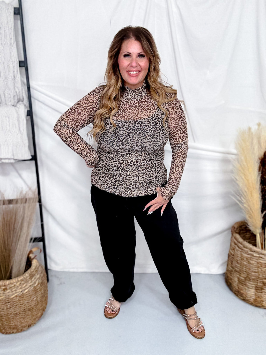 Leopard Print Mock Neck Mesh Top With Long Sleeves - Whiskey Skies - WHITE BIRCH