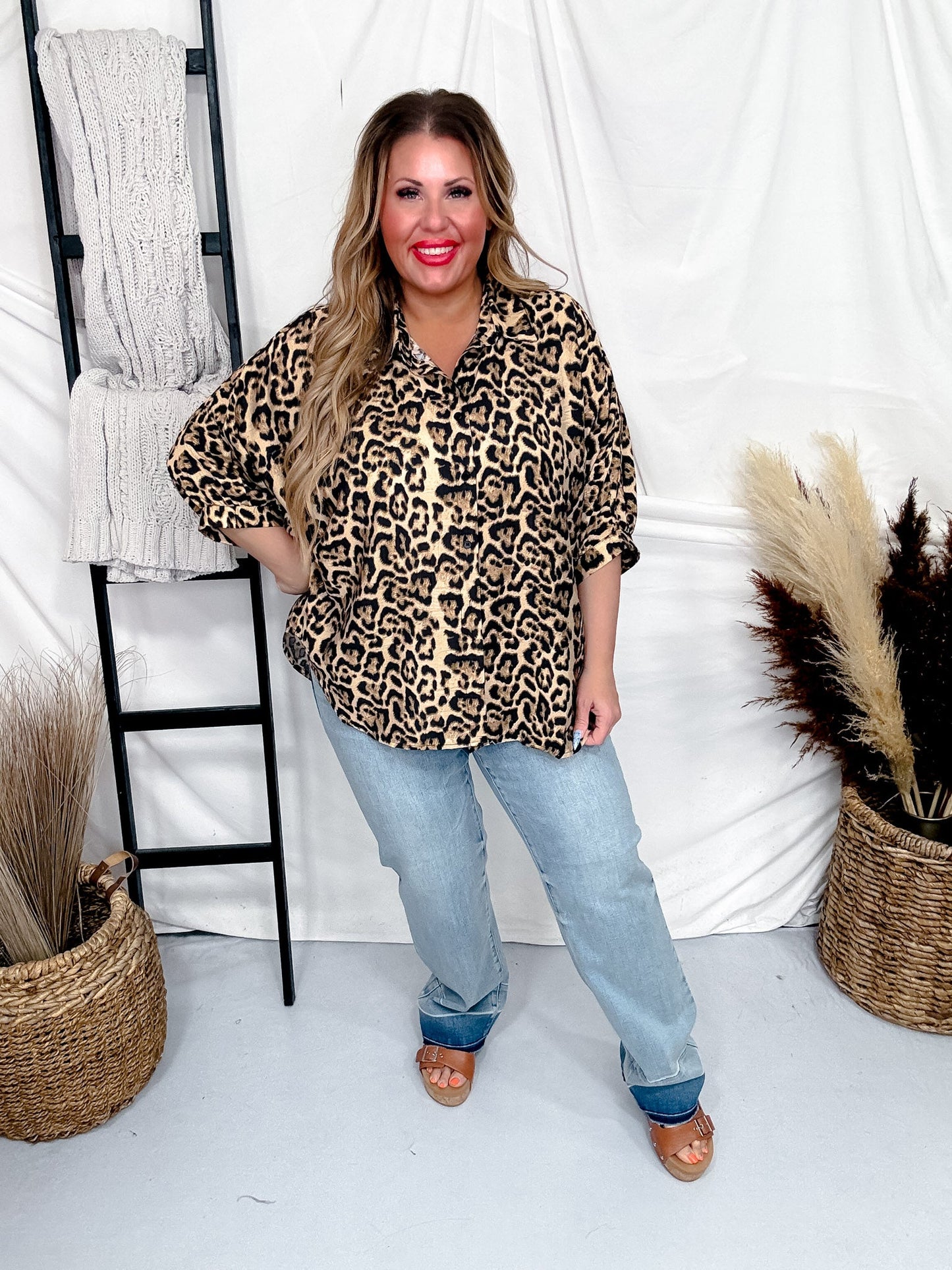 Leopard Print Oversized Short Sleeve Button Down Top - Whiskey Skies - BIBI