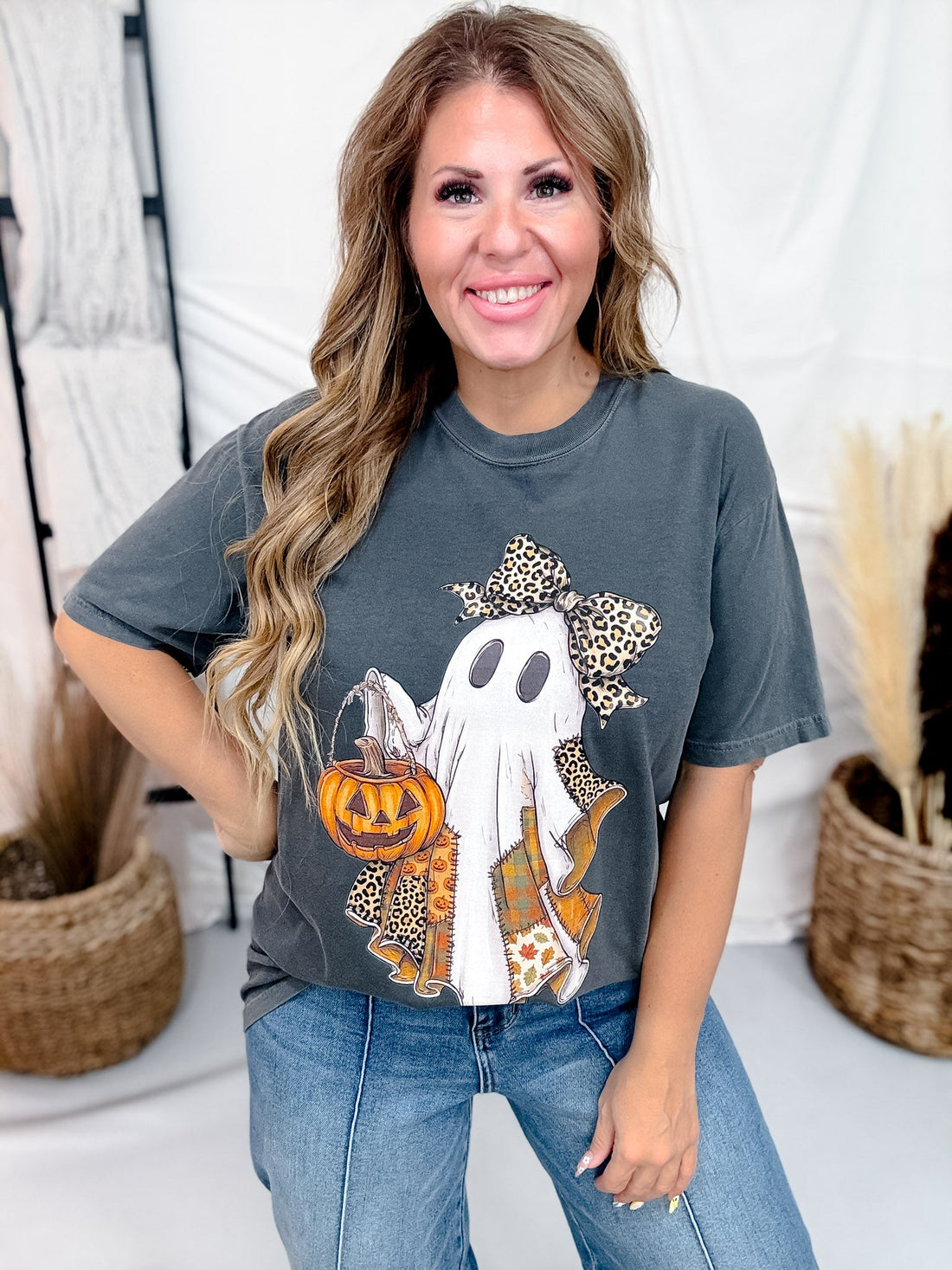 Leopard Print Patchwork Ghost Short Sleeve Graphic Tee - Whiskey Skies - GLAIME