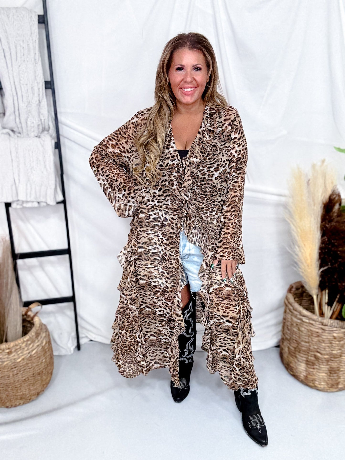 Leopard Print Ruffled Duster Cardigan - Whiskey Skies - DAVI & DANI