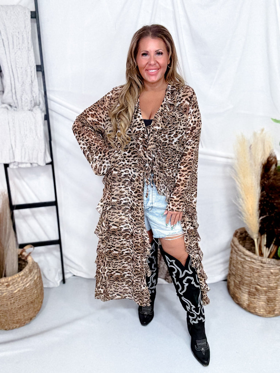 Leopard Print Ruffled Duster Cardigan - Whiskey Skies - DAVI & DANI