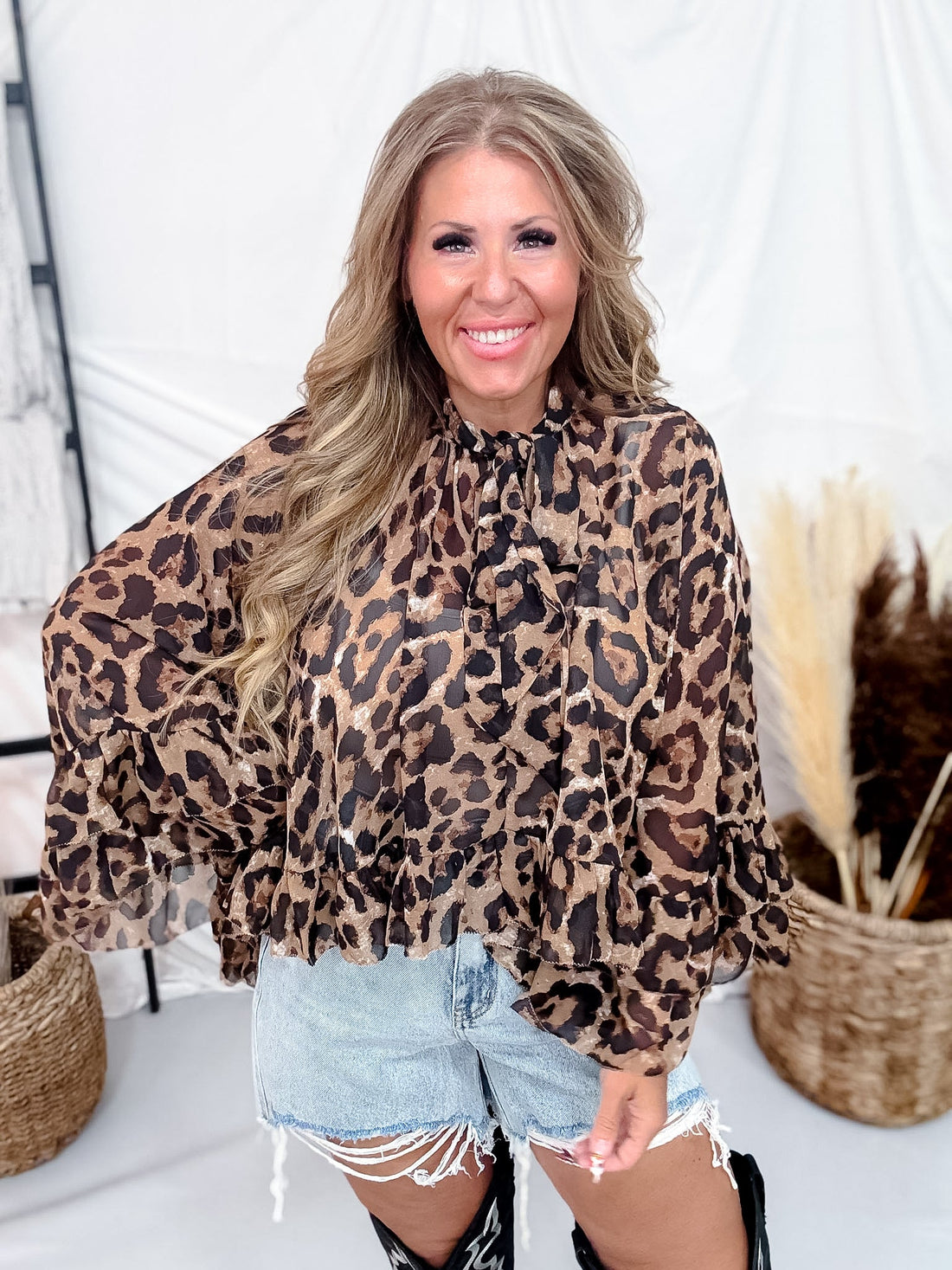 Leopard Print Sheer Chiffon Blouse With Tie Neckline & Ruffled Hem - Whiskey Skies - ODDI