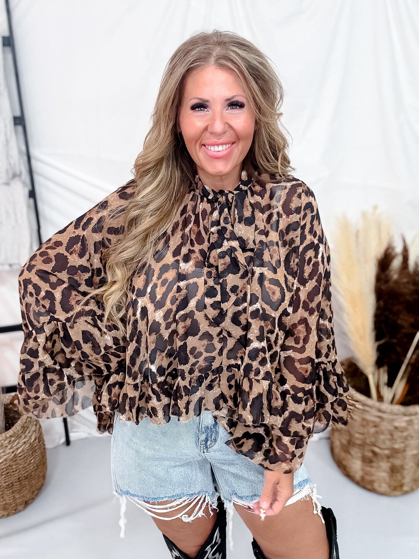 Leopard Print Sheer Chiffon Blouse With Tie Neckline & Ruffled Hem - Whiskey Skies - ODDI