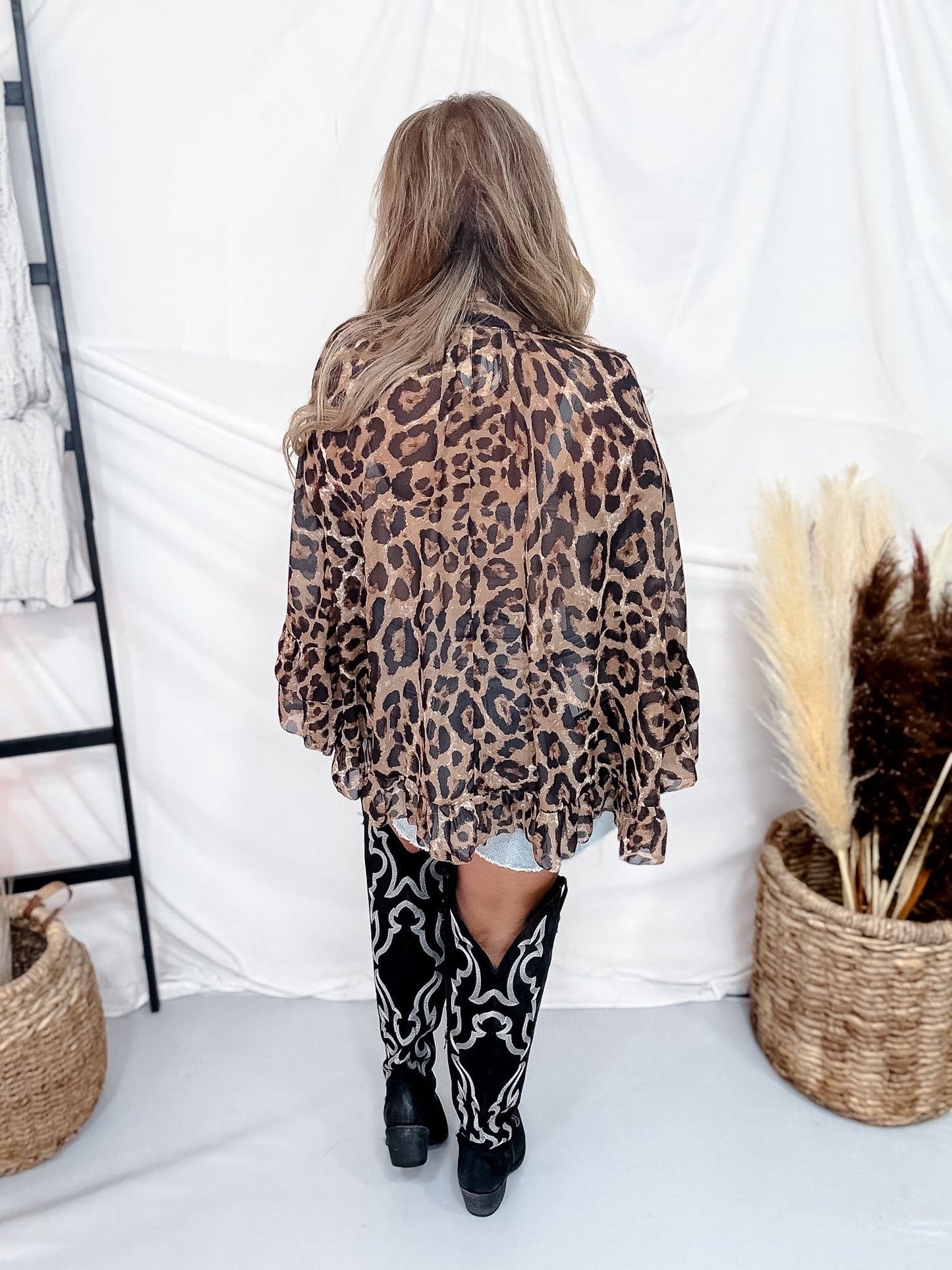 Leopard Print Sheer Chiffon Blouse With Tie Neckline & Ruffled Hem - Whiskey Skies - ODDI
