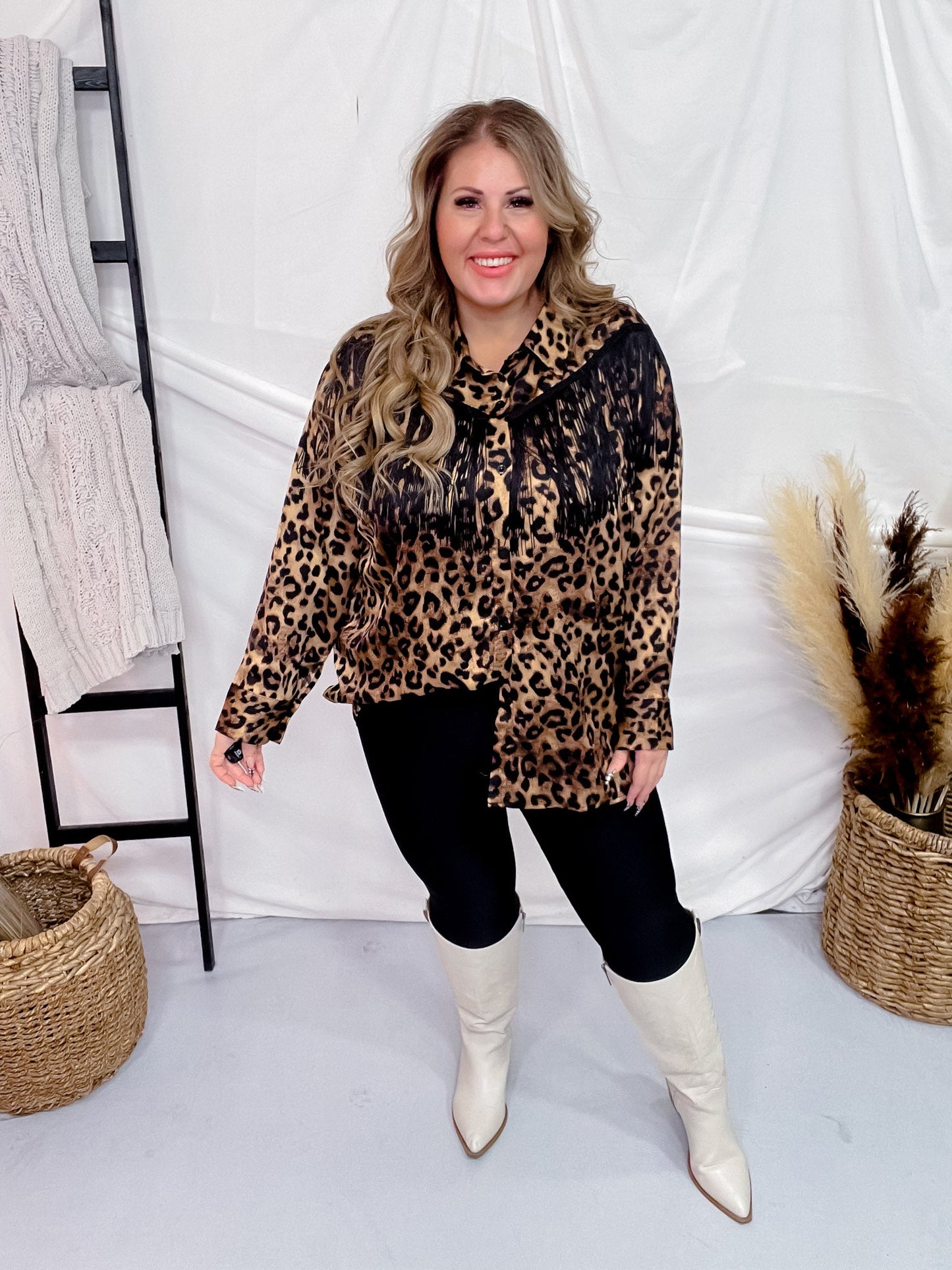 Leopard Print Tasseled Western Blouse - Whiskey Skies - J.NNA