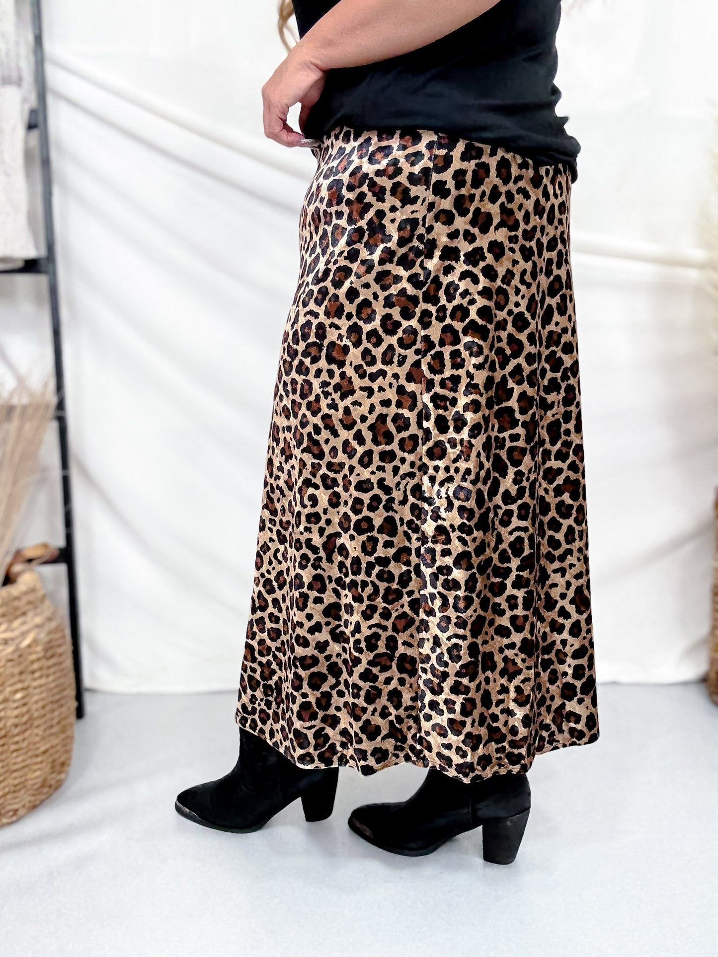 Leopard Print Velvet Midi Skirt - Whiskey Skies - SHE + SKY
