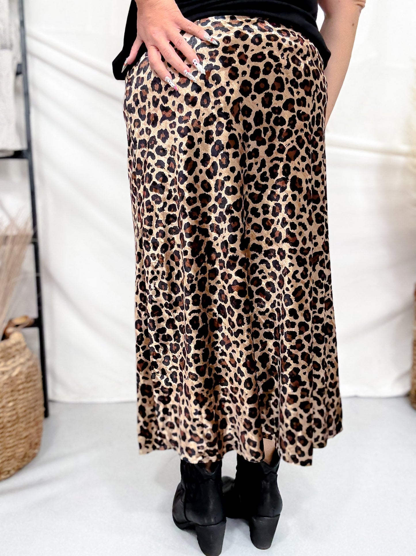 Leopard Print Velvet Midi Skirt - Whiskey Skies - SHE + SKY