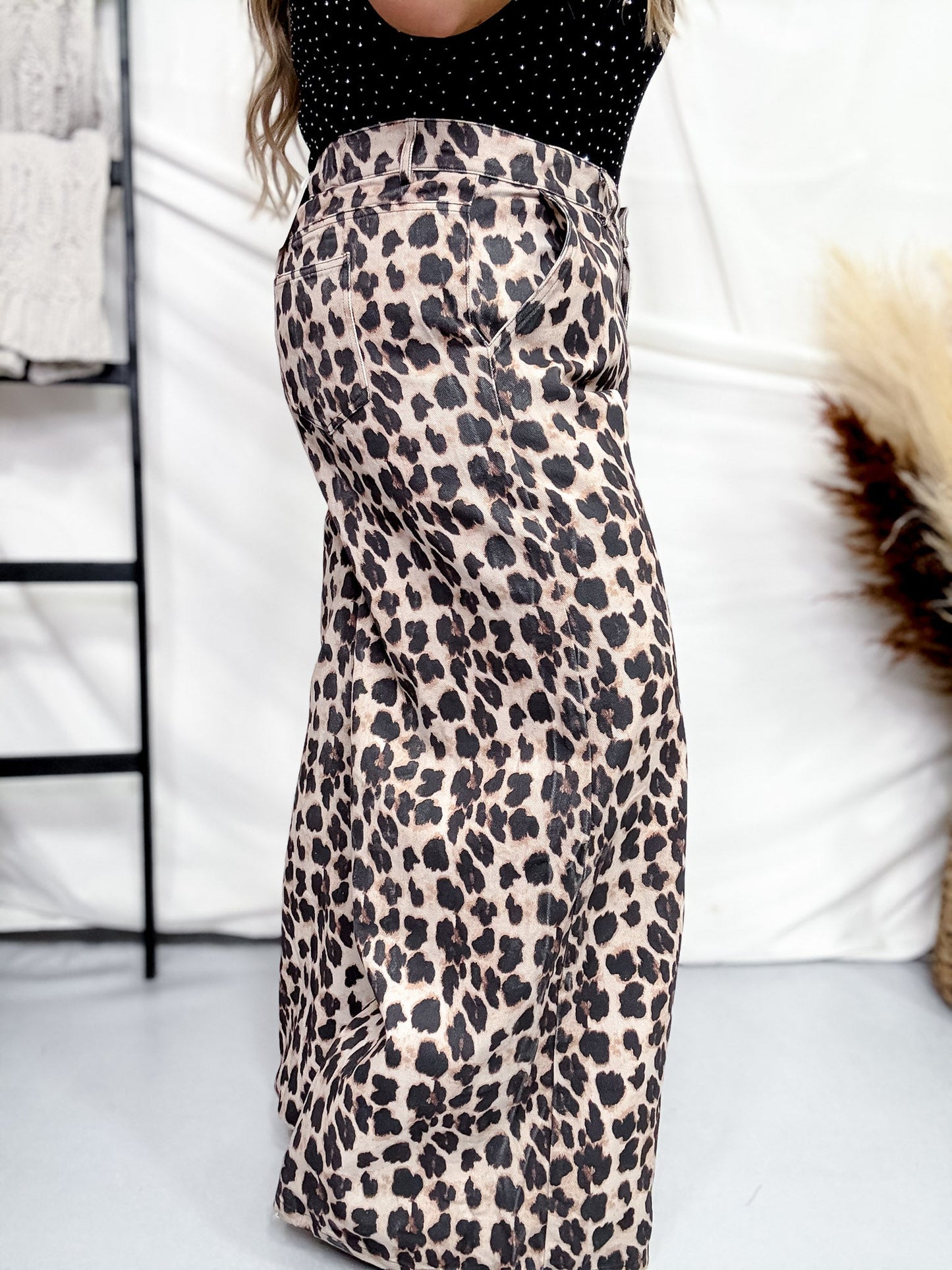 Leopard Print Wide Leg Pants with Adjustable Bottom - Whiskey Skies - DAVI & DANI