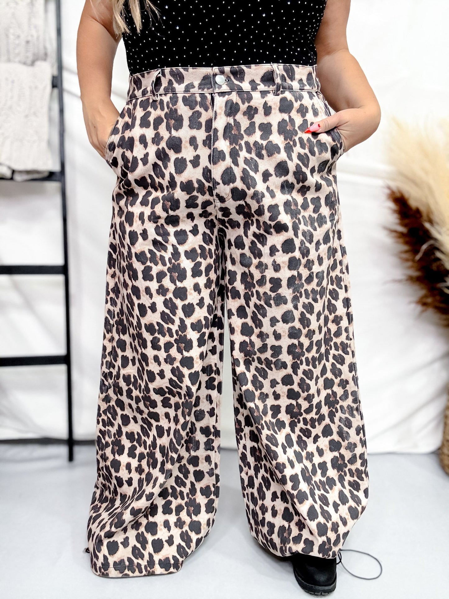 Leopard Print Wide Leg Pants with Adjustable Bottom - Whiskey Skies - DAVI & DANI