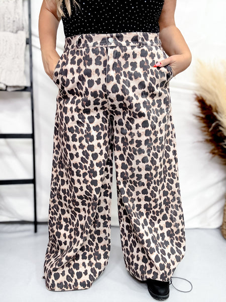 Leopard Print Wide Leg Pants with Adjustable Bottom