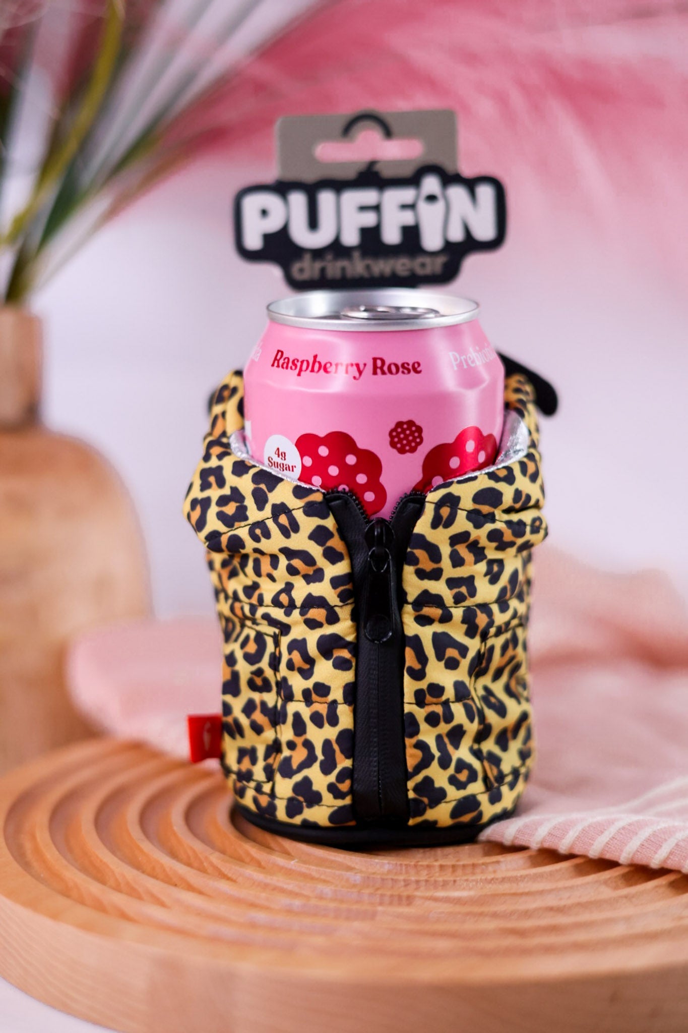 Leopard Puffy Vest Koozie - Whiskey Skies - PUFFIN DRINKWEAR