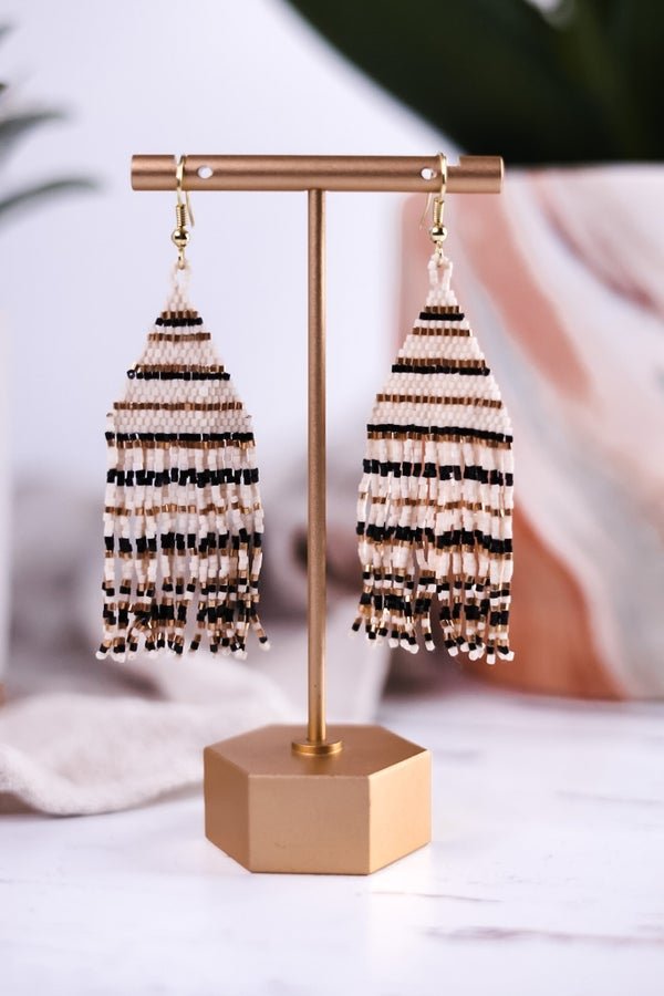 Lexie Horizontal Stripe Beaded Fringe Earrings Black - Whiskey Skies - INK+ALLOY